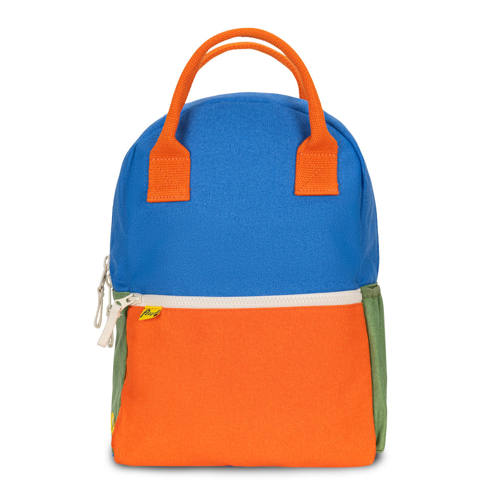 Organic cotton kids backpack in blue and orange colourblock