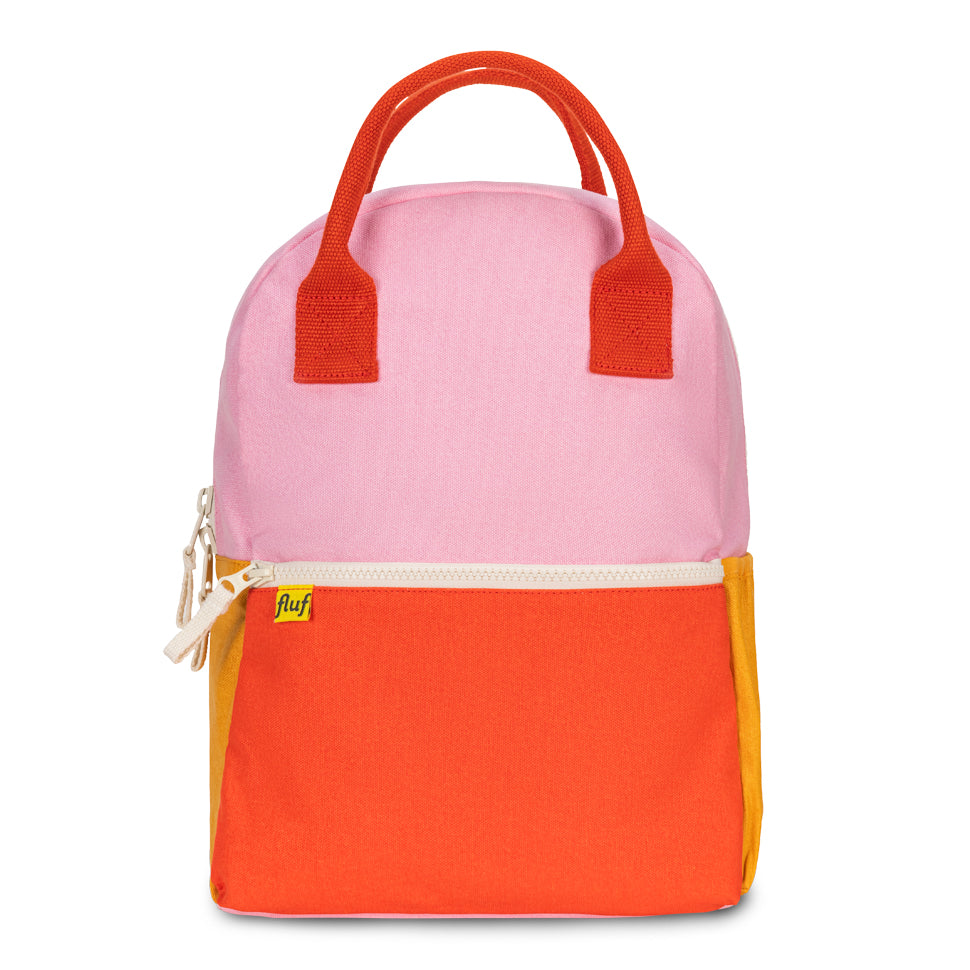 Organic cotton kids backpack in pink and red colourblock