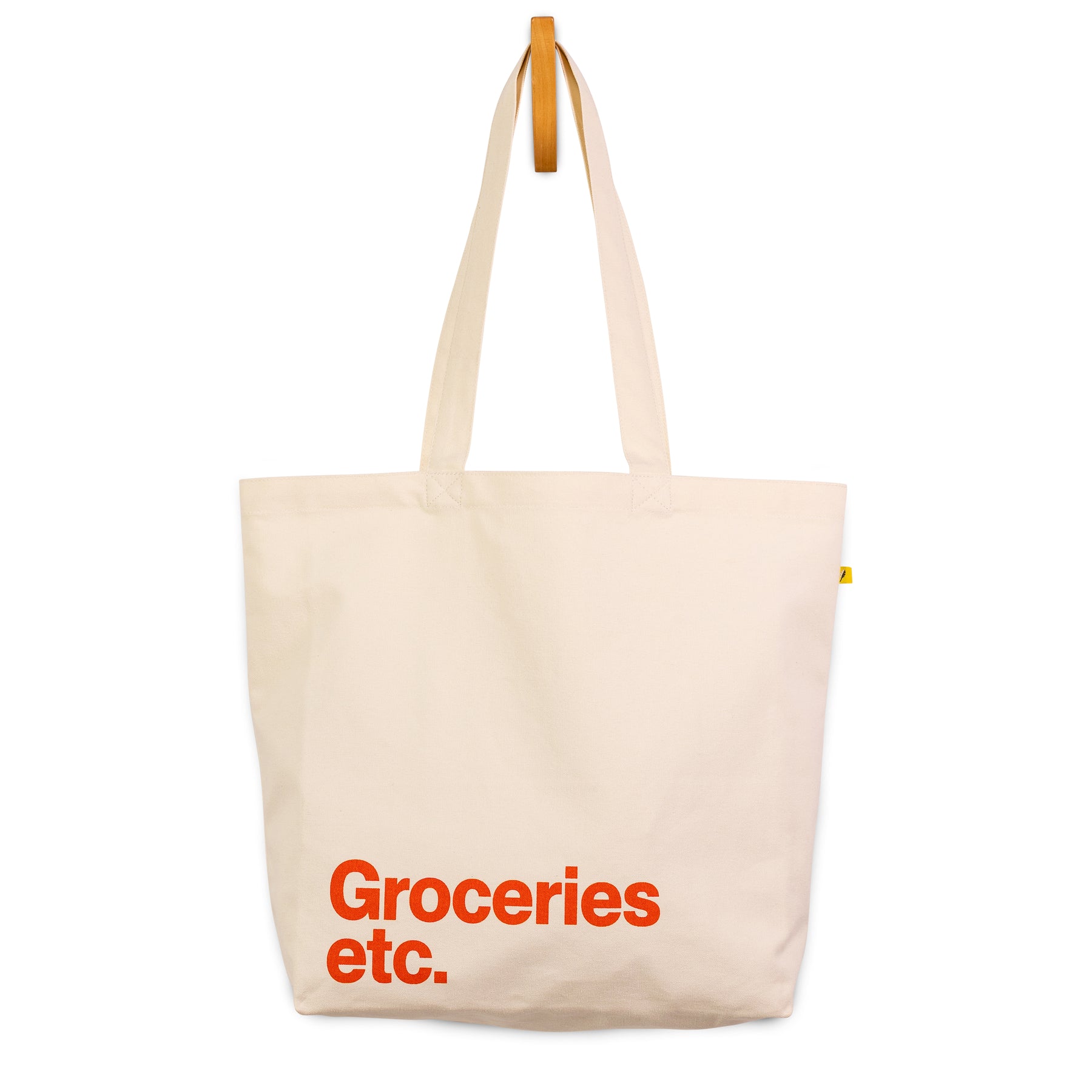 Natural Classic tote bag with Groceries Etc. text in red
