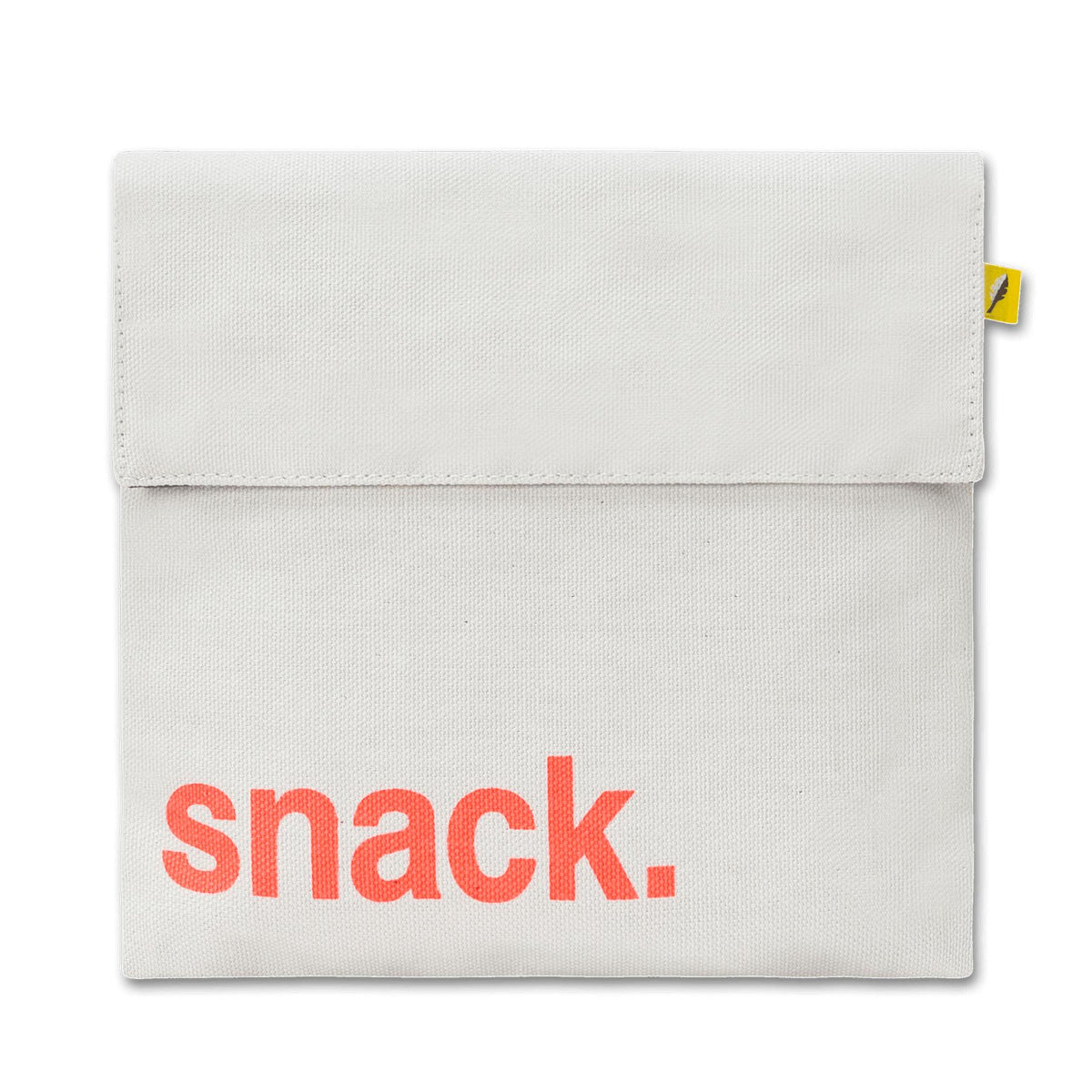 Reusable and machine washable white snack bag in a sandwich size, with orange 'snack' design