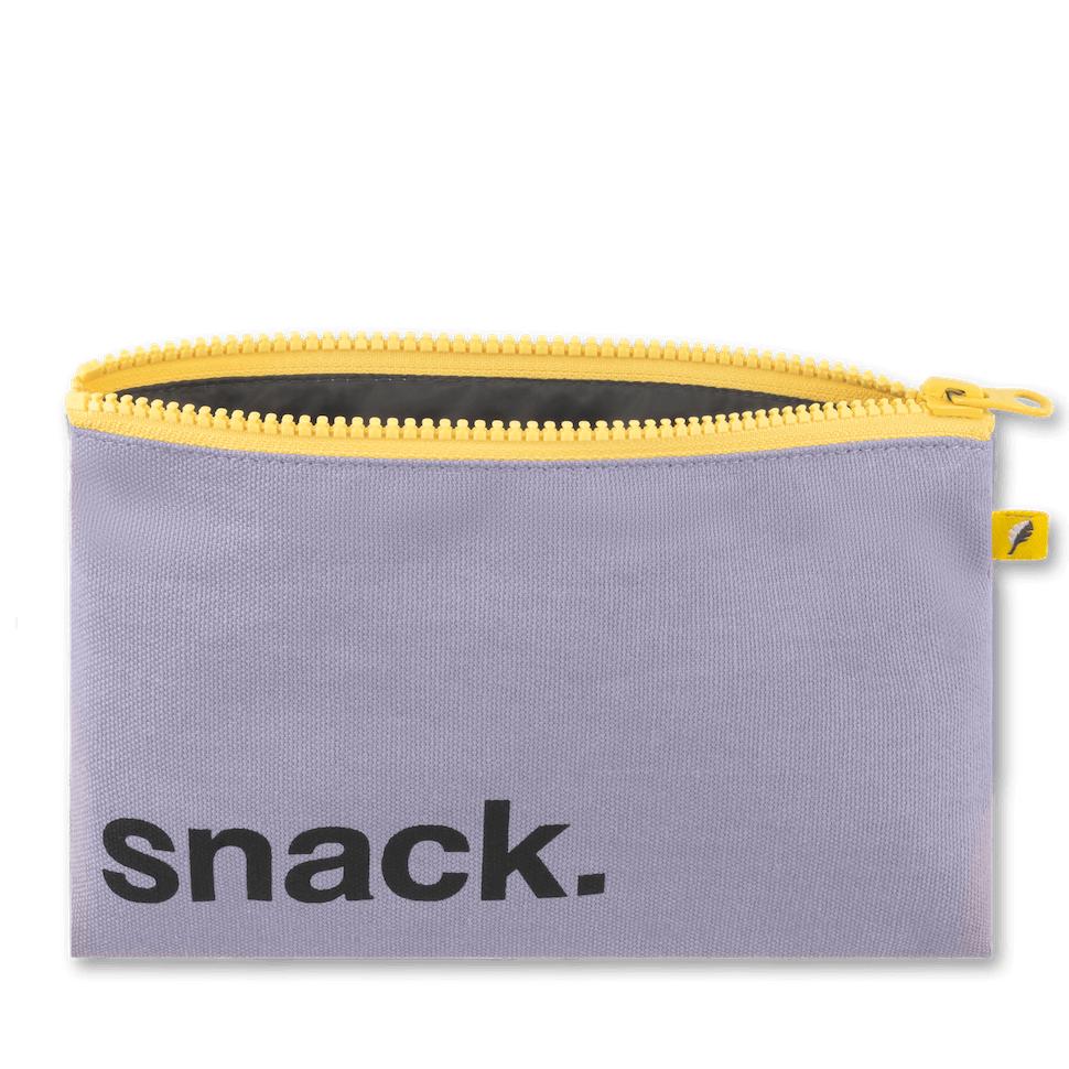 reusable purple snack bag with yellow zipper and black 'lunch' motif by Fluf