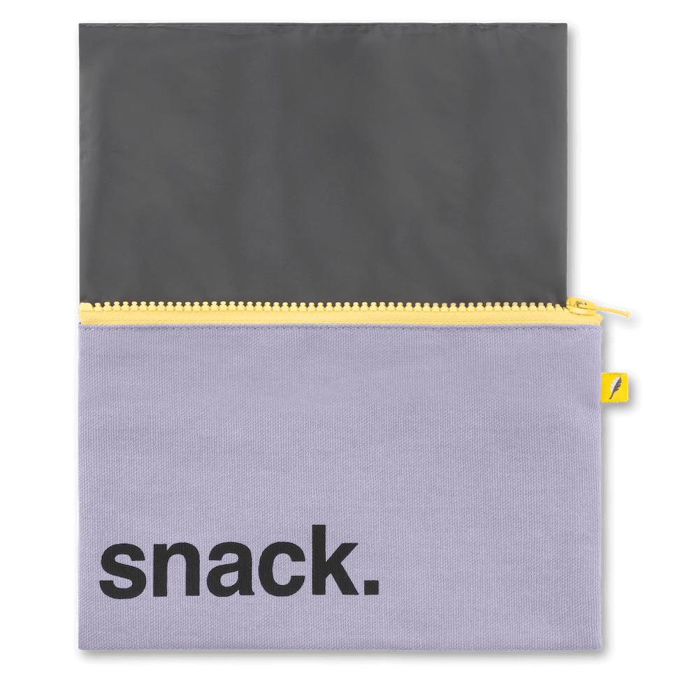 reusable purple snack bag with yellow zipper and food safe lining