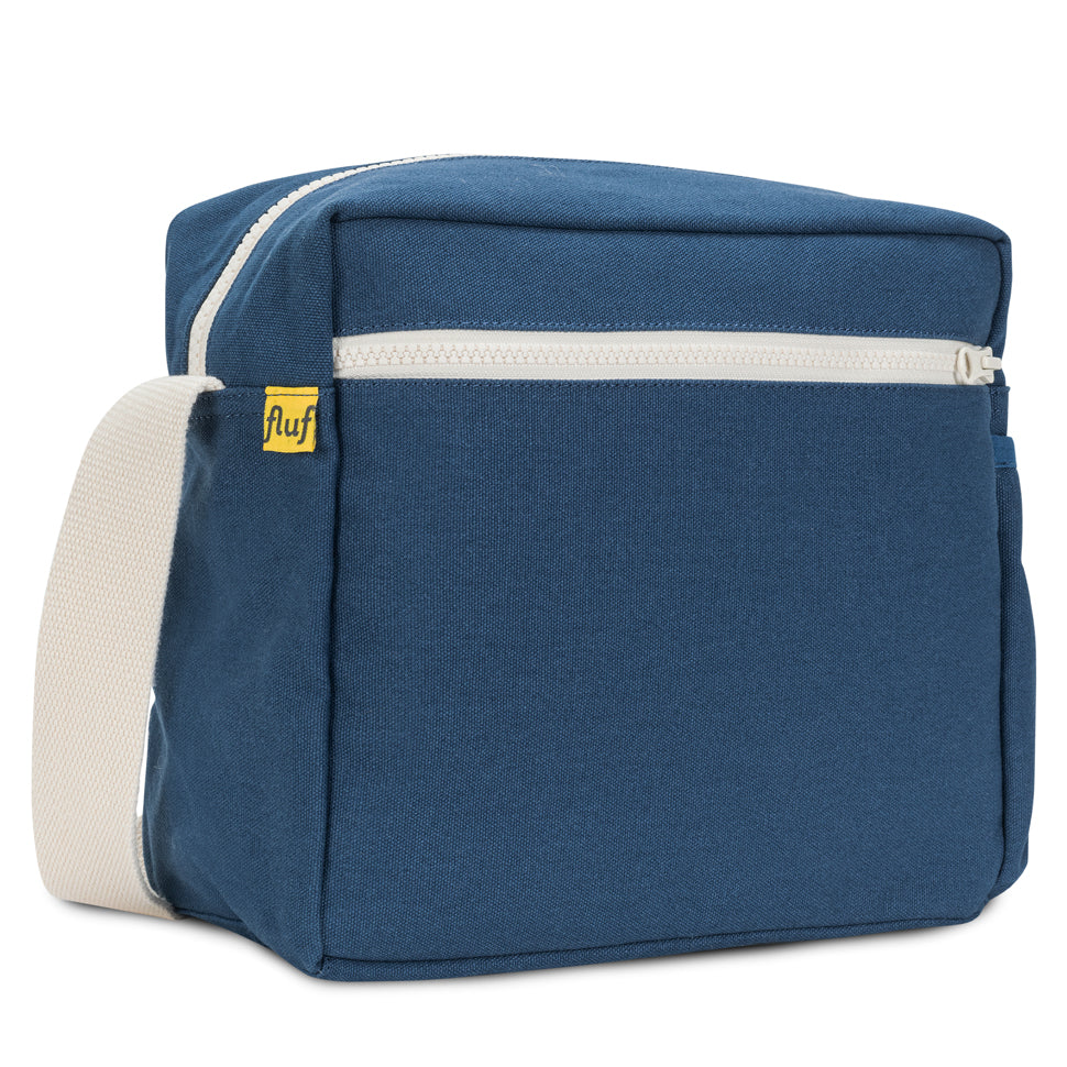Blue crossbody lunch bag with Adjustable shoulder strap with Fluf yellow tag