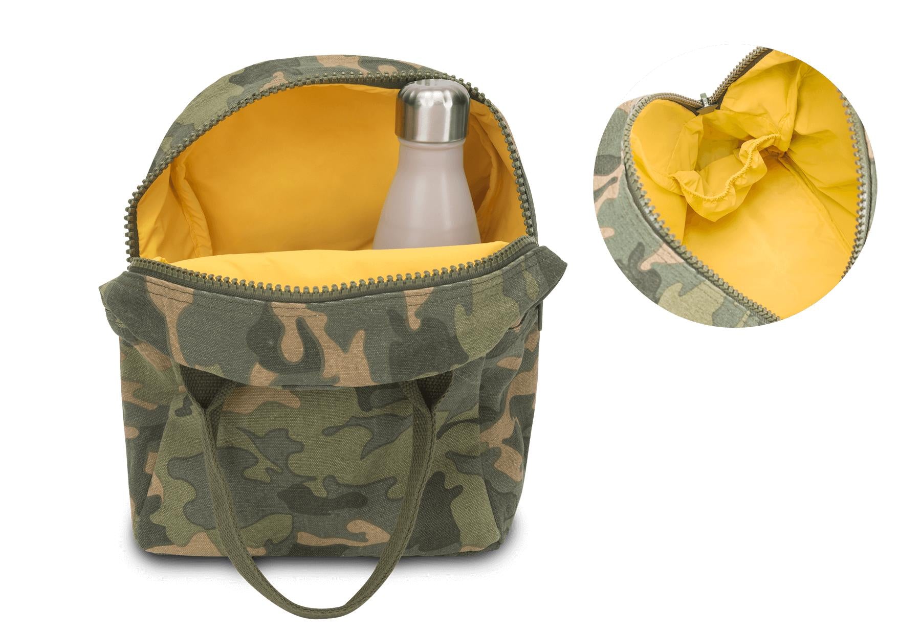 Fluf Zipper Lunch bag - Camo with yellow recyclable lining