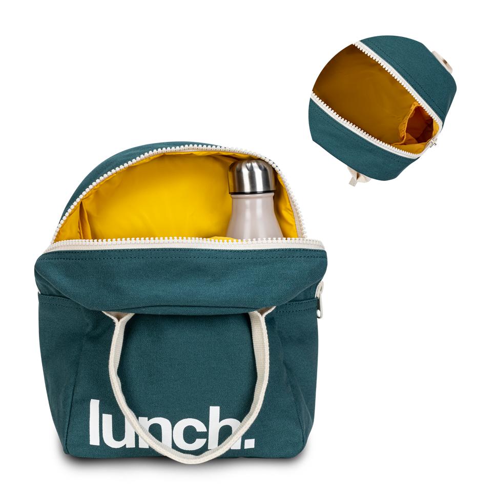 Fluf lunch bag in Cypress color and recycled lining in yellow with designated pocket for water bottle