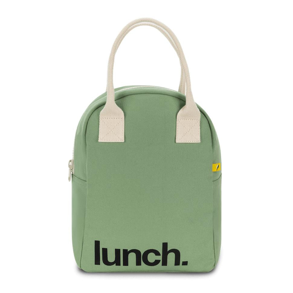 Certified organic lunch bag in moss color with black 'Lunch' motif by Fluf Canada