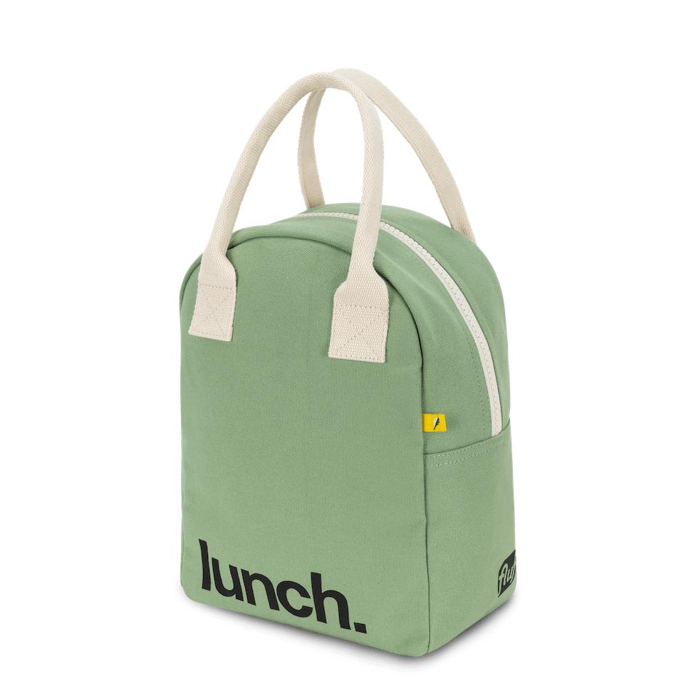 Certified Cotton organic lunch bag in moss color with black 'Lunch' motif by Fluf Canada