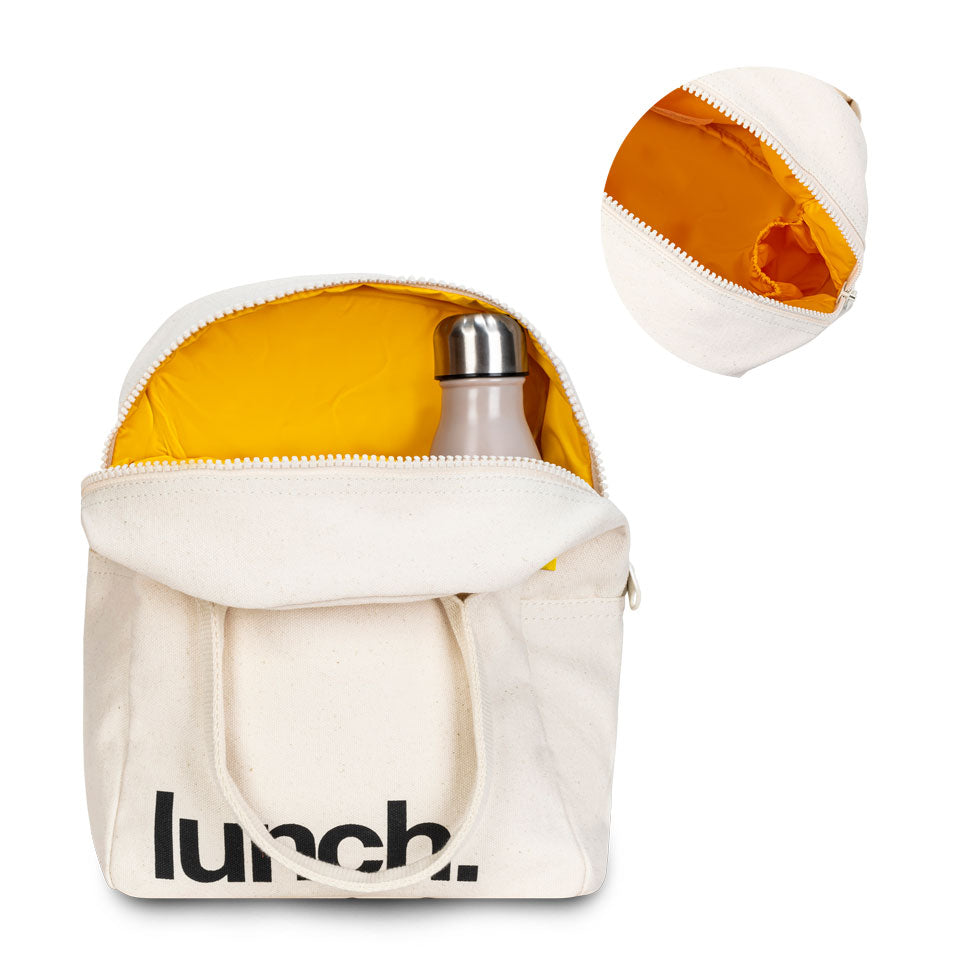 white lunch bag with black 'lunch' motif and recycled lining