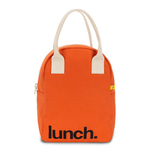 Red lunch bag with 'lunch' motif by Fluf Canada