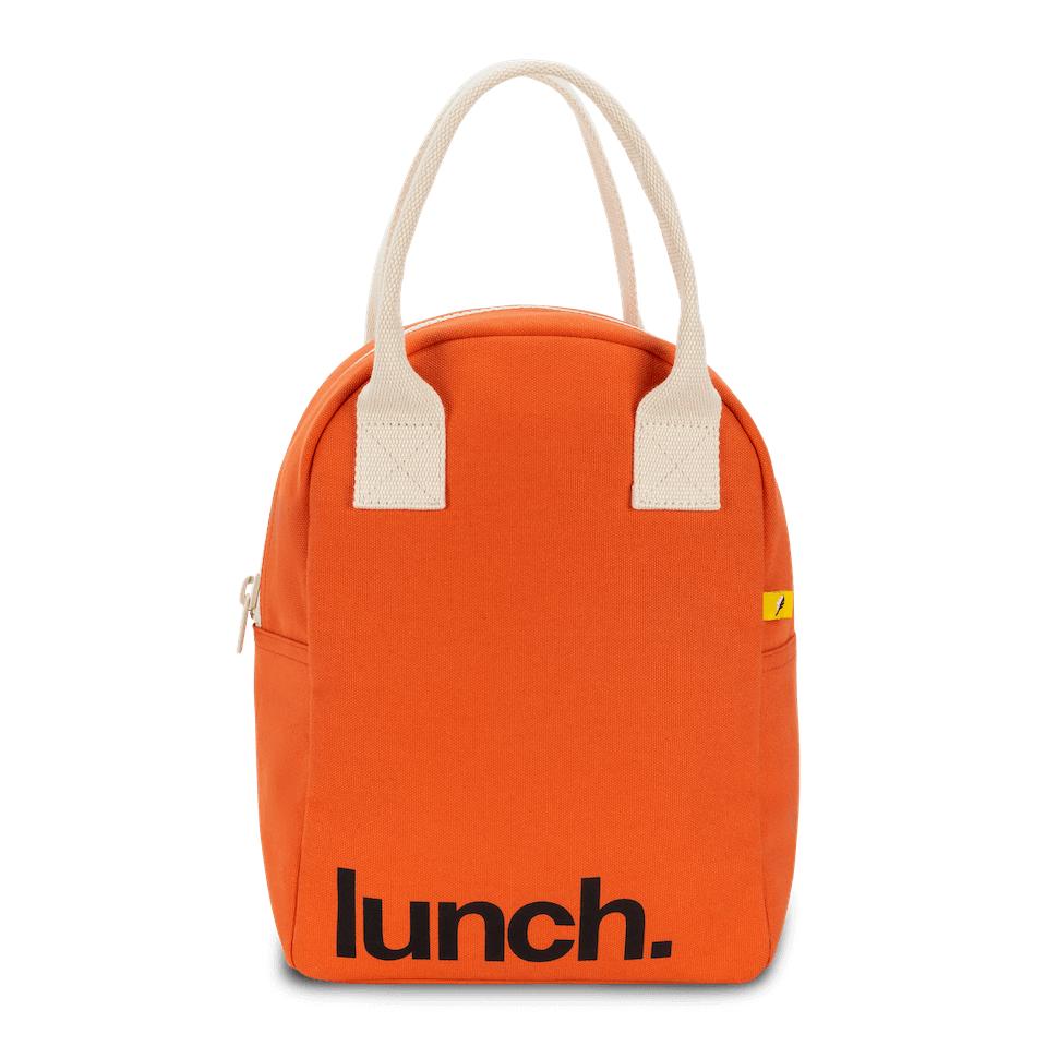 Red lunch bag with 'lunch' motif by Fluf Canada
