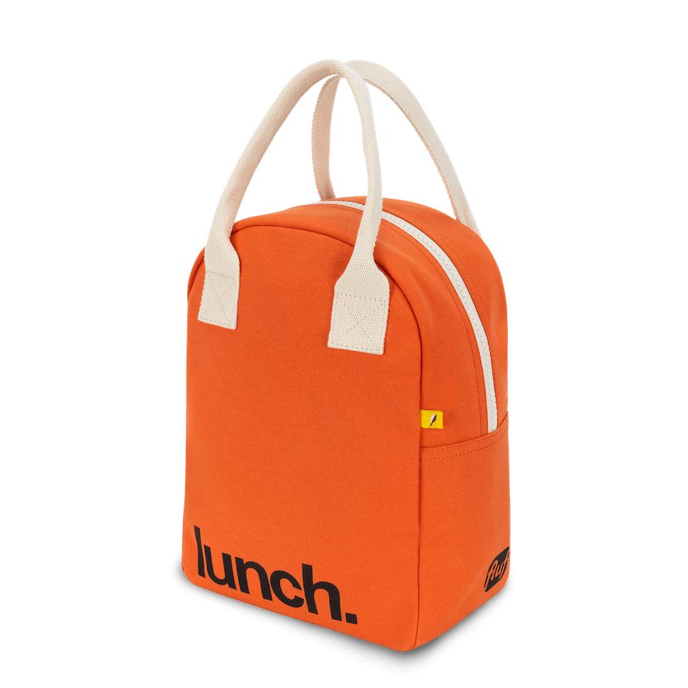 Red lunch bag with 'lunch' motif and white handles by Fluf Canada