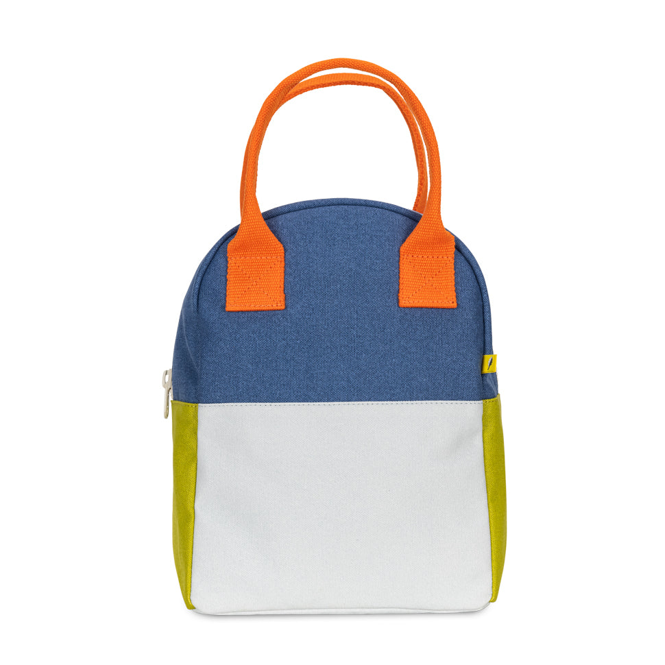 Organic cotton zipper lunch bag with blue and green colourblocking