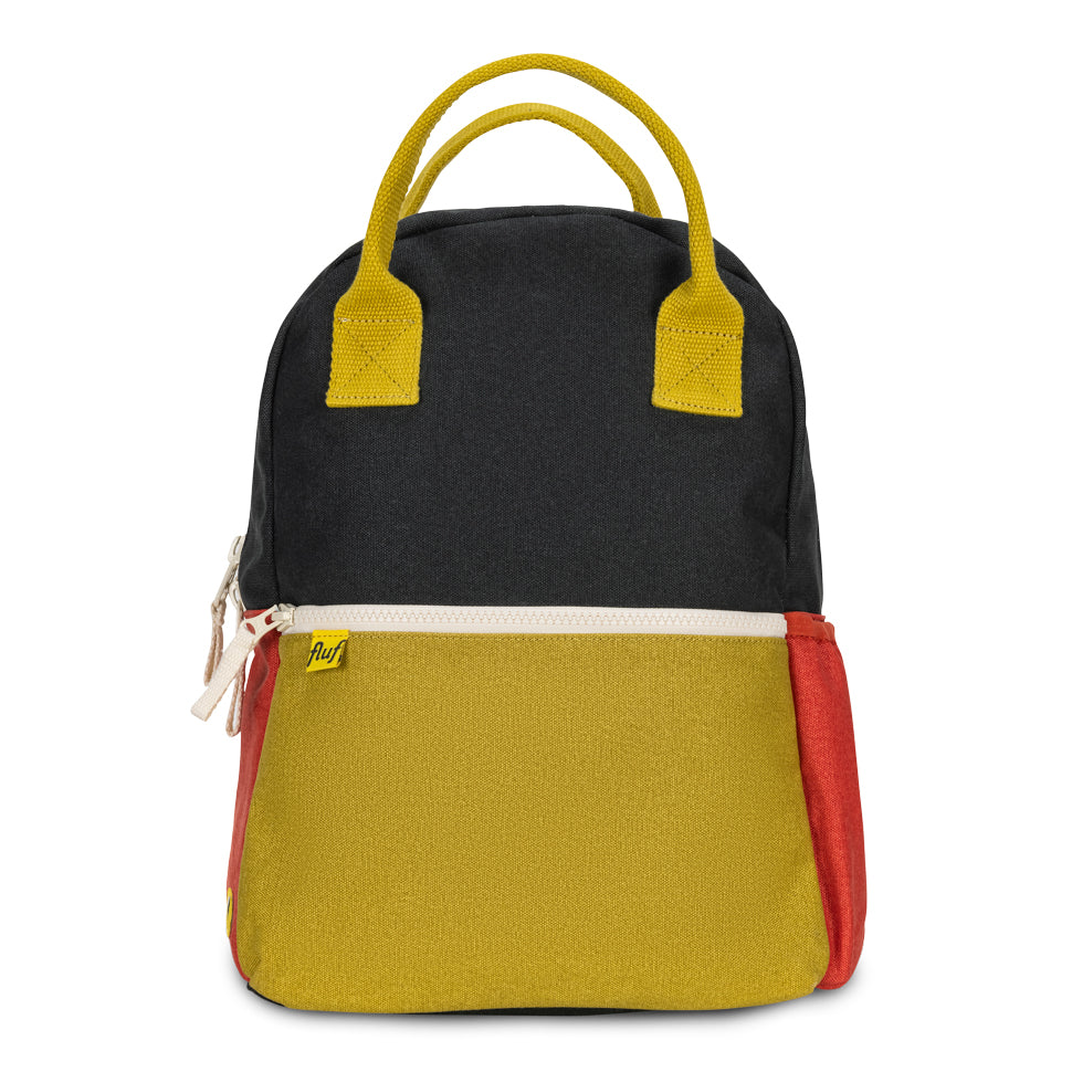 Organic cotton kids backpack in black and green colourblock