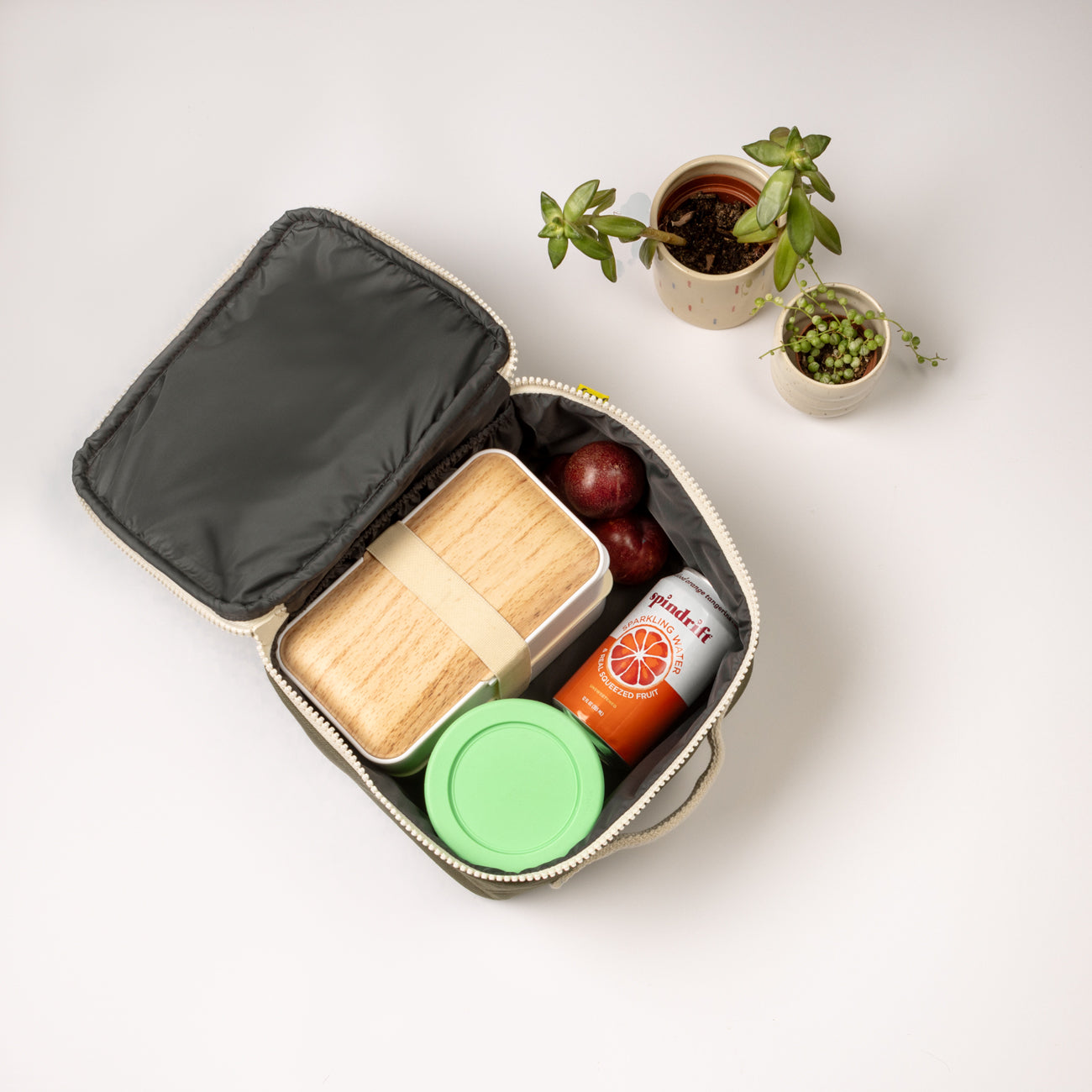 Opened Fluf Insulated Square Carbon  Lunch Bag for Work & School with food inside 