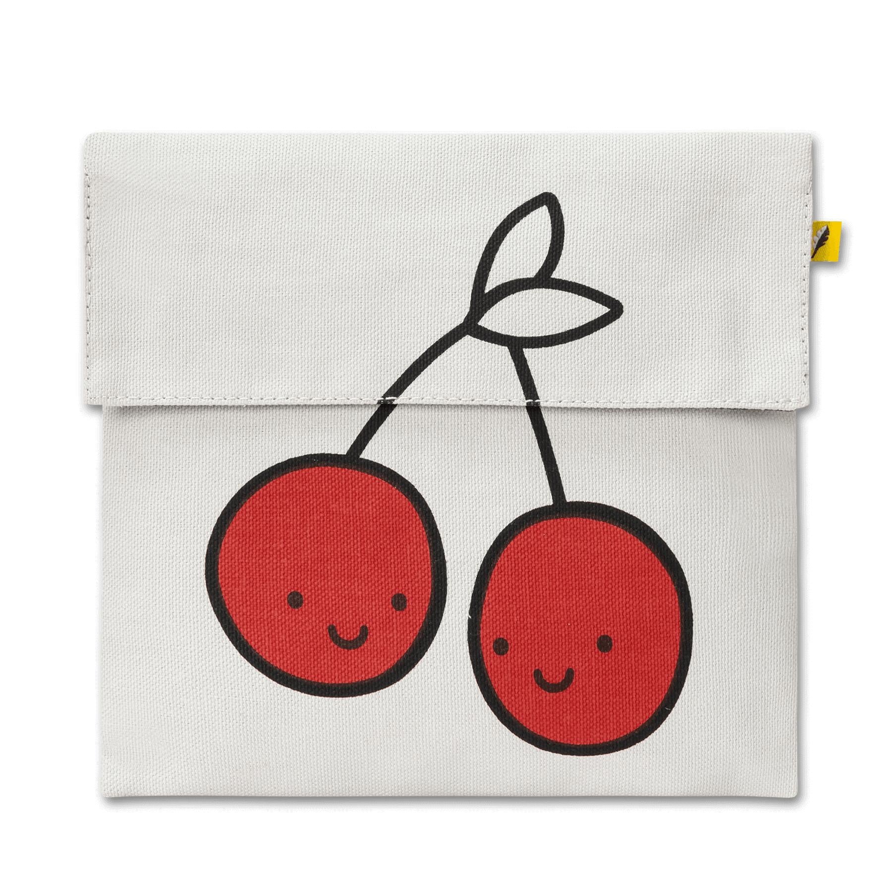 Reusable and machine washable white snack bag in a sandwich size, with red cherries design