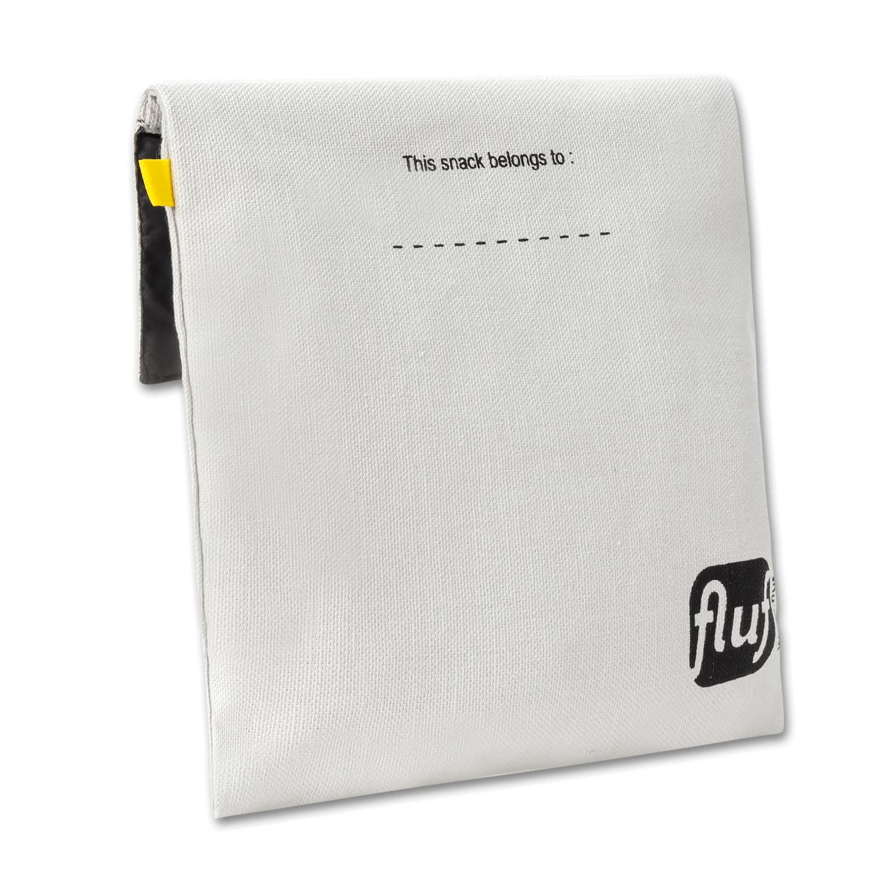 Angle of view of a food safe white snack bag by Fluf with red cherries design.