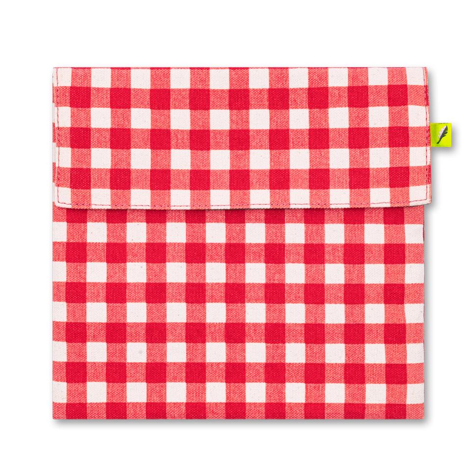 Reusable and machine washable snack bag in a sandwich size, with red gingham design