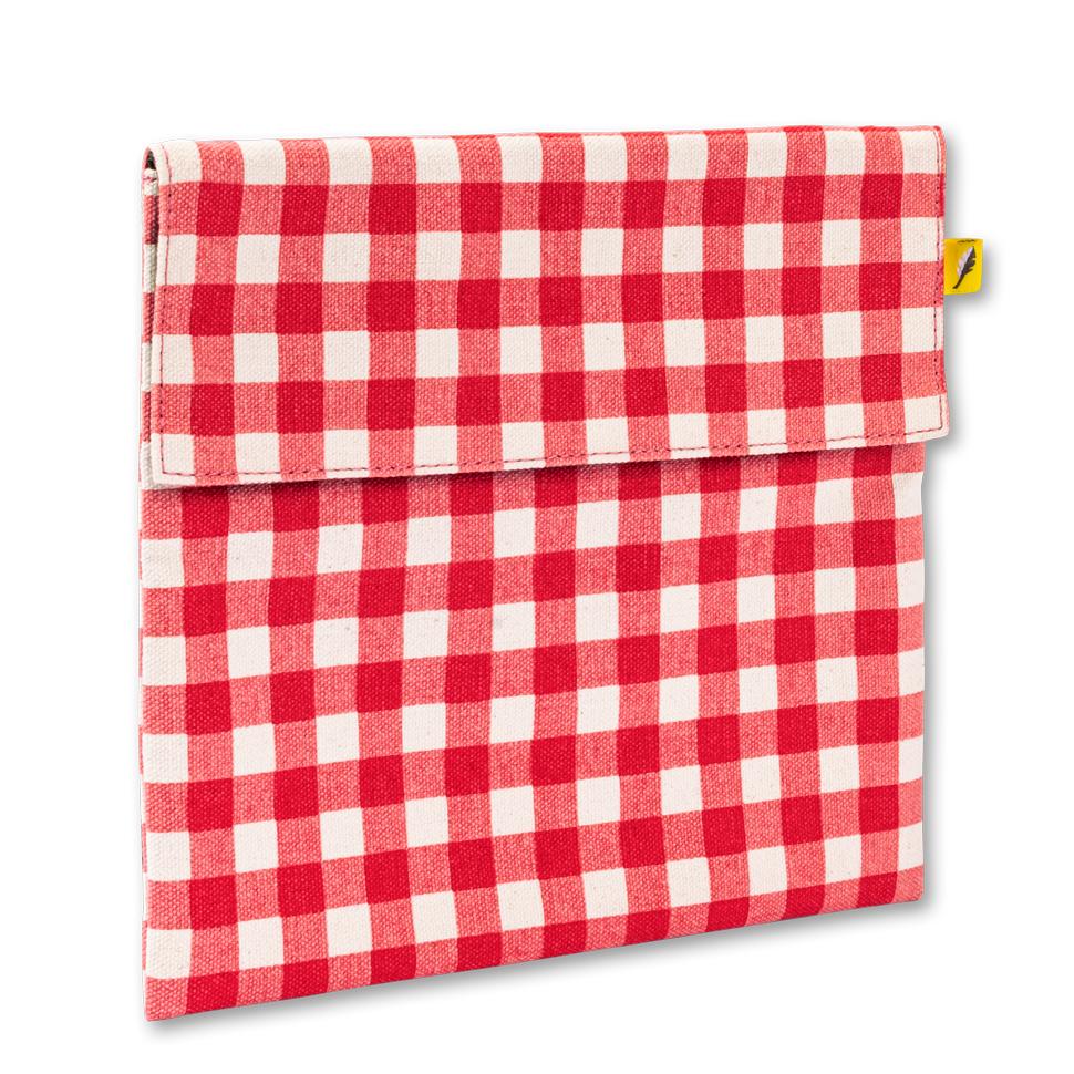 Angle of view of a food safe snack bag by Fluf with blue and gingham design design.