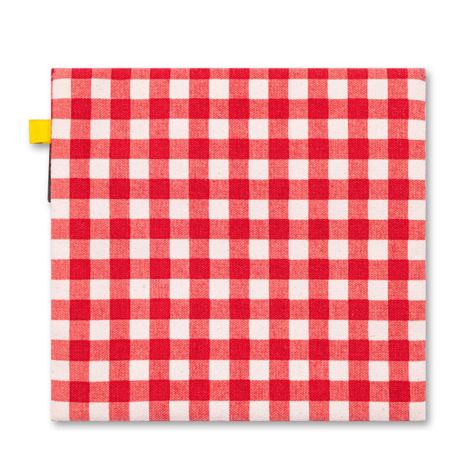 The back of Reusable and machine washable snack bag in a sandwich size, with gingham design