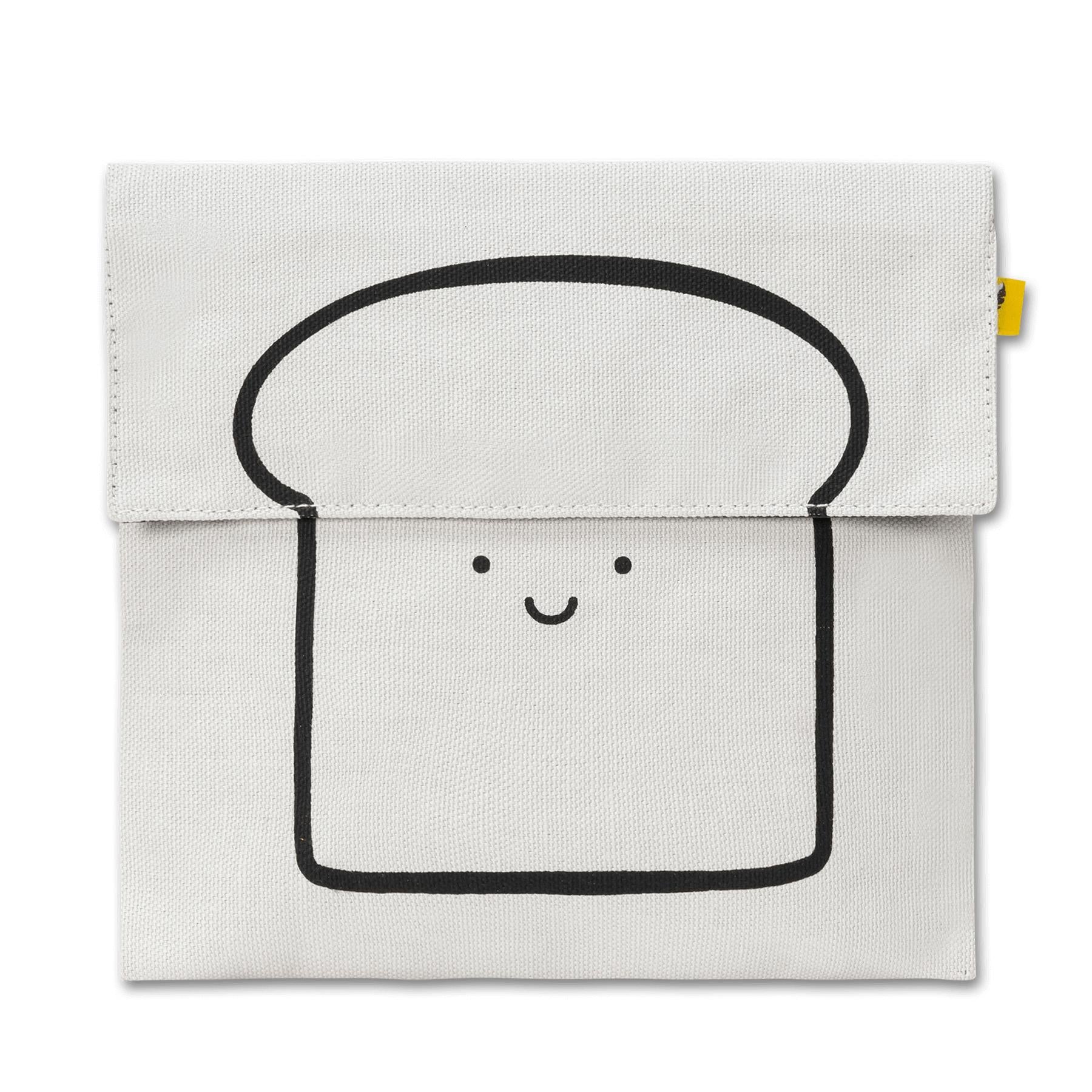 Reusable and machine washable white snack bag in a sandwich size, with black bread design