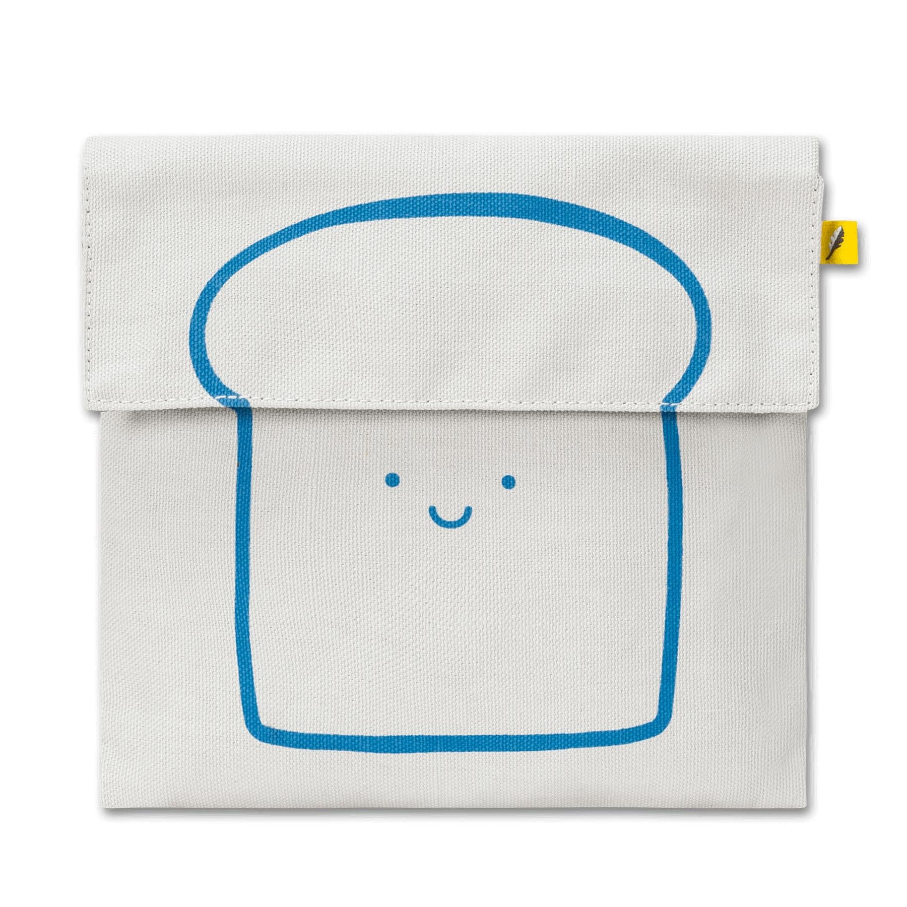 Reusable and machine washable white snack bag in a sandwich size, with blue bread design