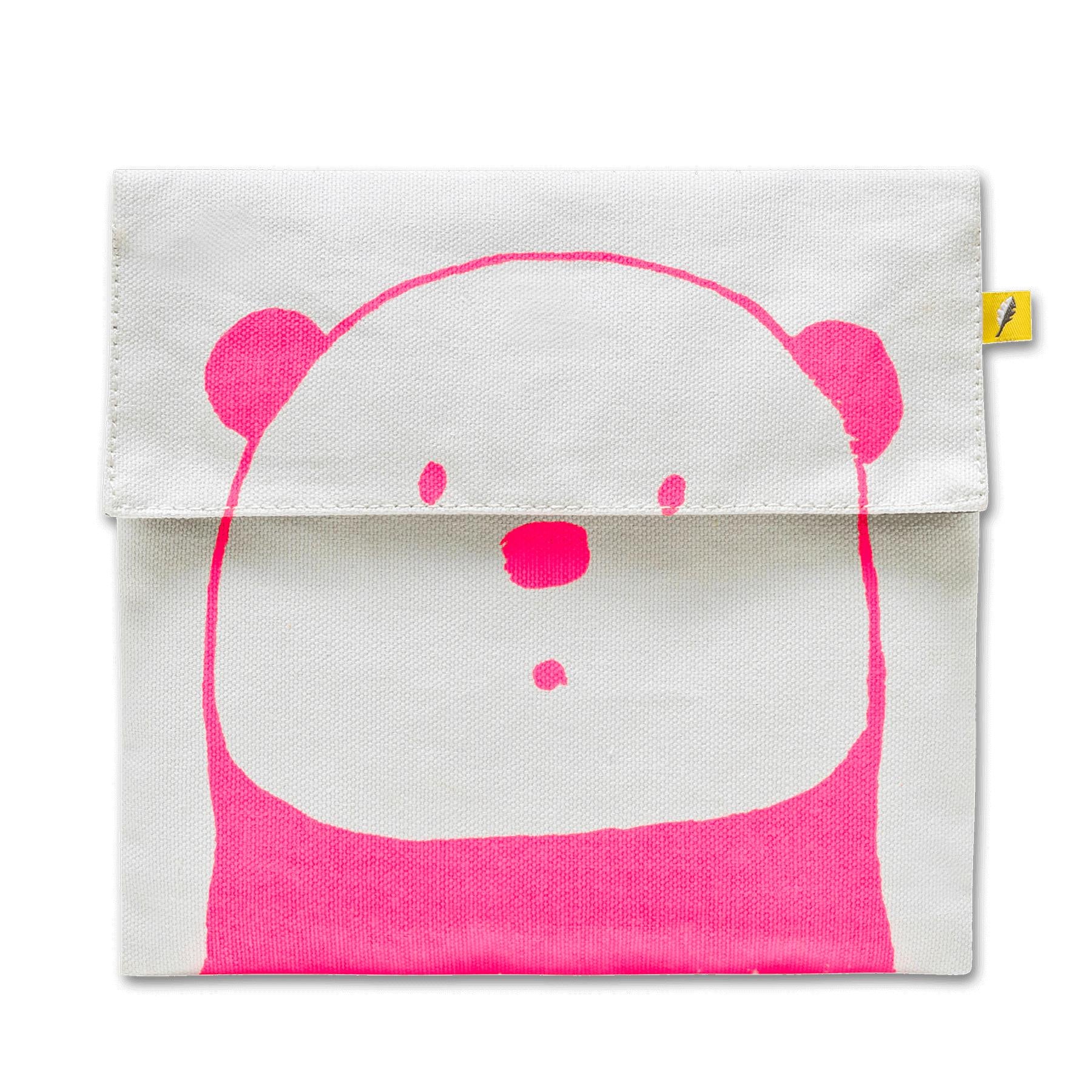 Reusable and machine washable white snack bag in a sandwich size, with pink panda design