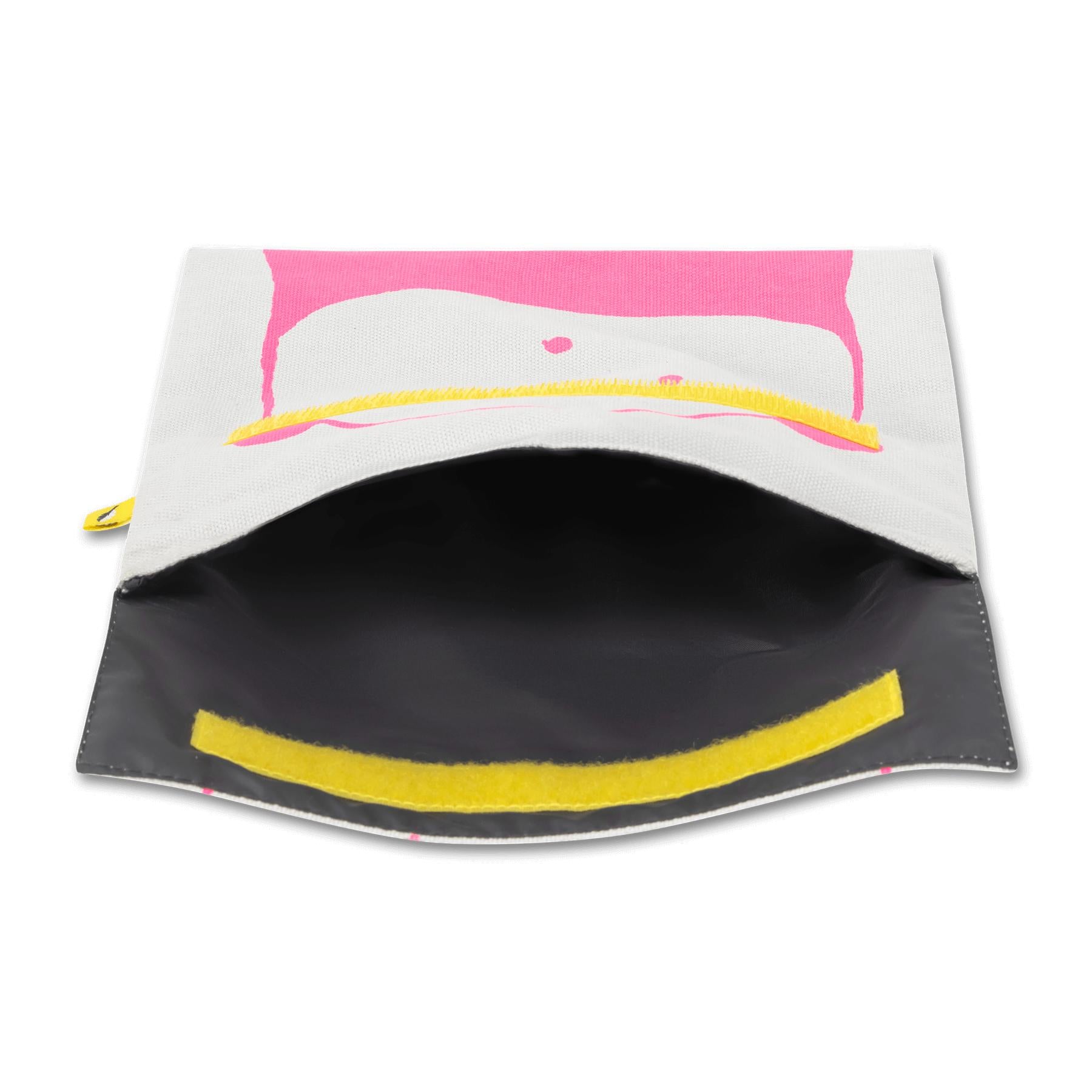 Open Reusable and machine washable white snack bag in a sandwich size, with pink panda design design and yellow velcro.