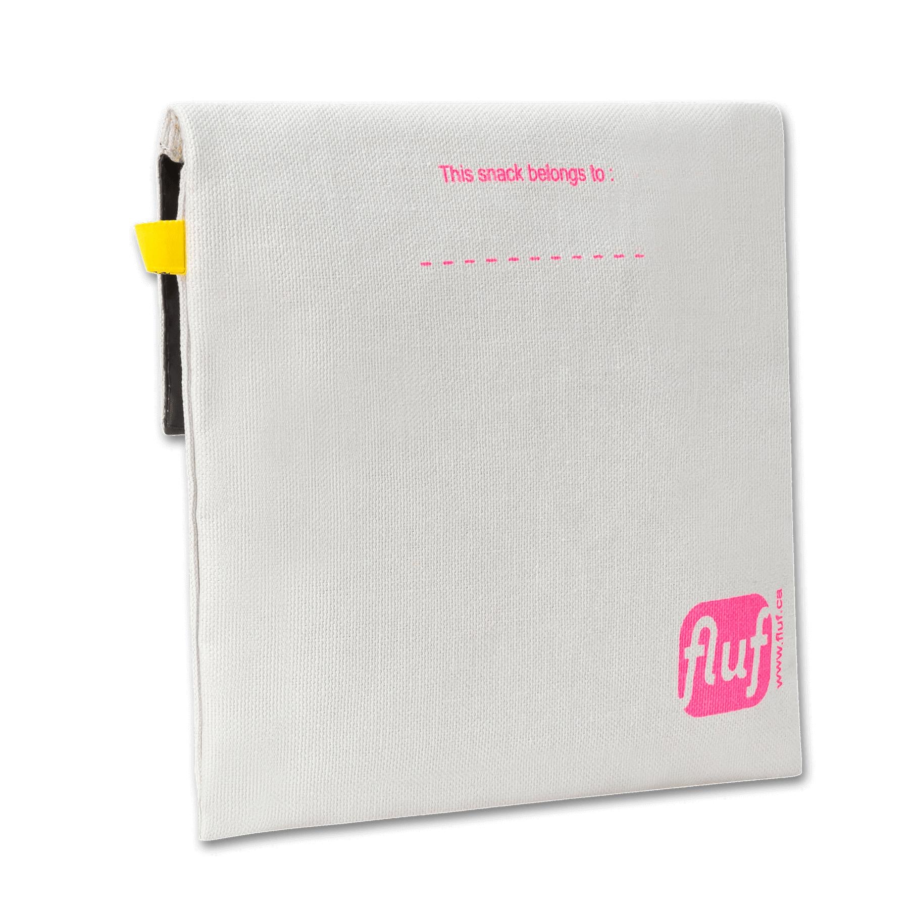 Angle of view of a food safe white snack bag by Fluf with pink panda design. with an option on the back to write a name