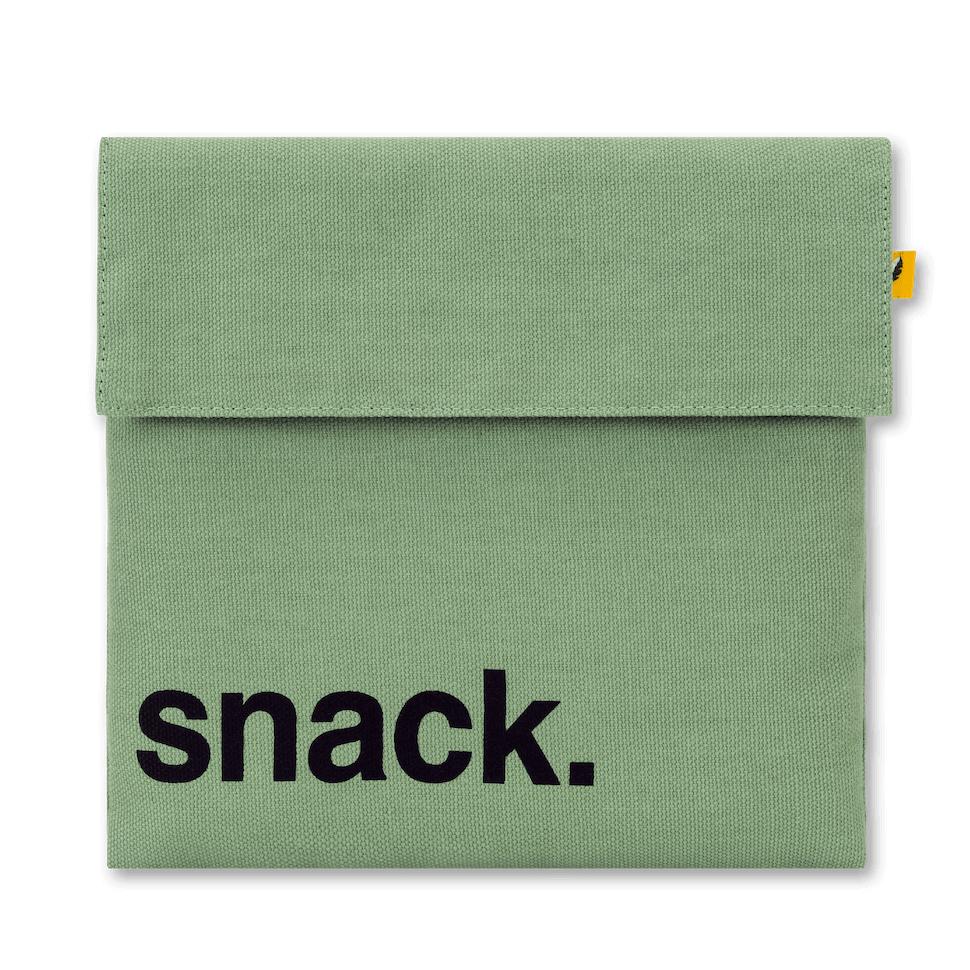 Reusable and machine washable green snack bag in a sandwich size, with black 'snack' design 