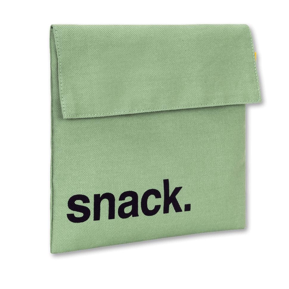 Angle of view of a food safe green snack bag by Fluf with black 'snack' design 