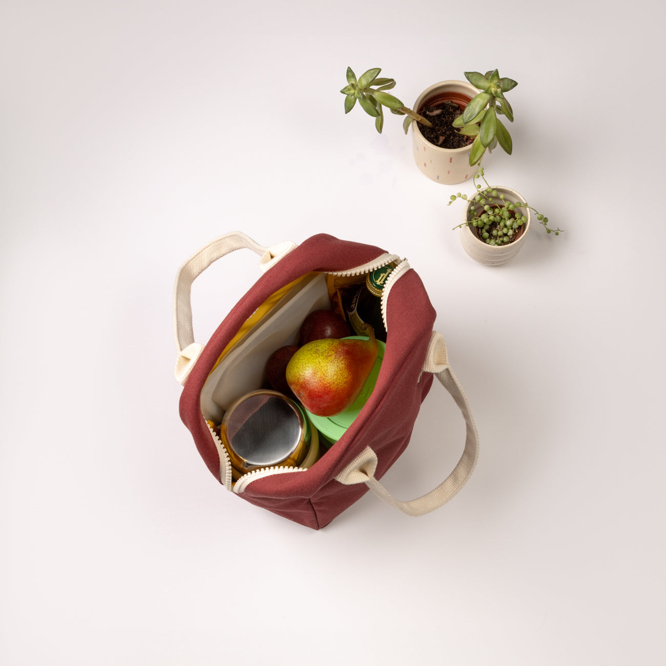 Vintage Burgundy Lunch bag with food container and fruits inside