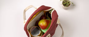 Vintage Burgundy Lunch bag with food container and fruits inside