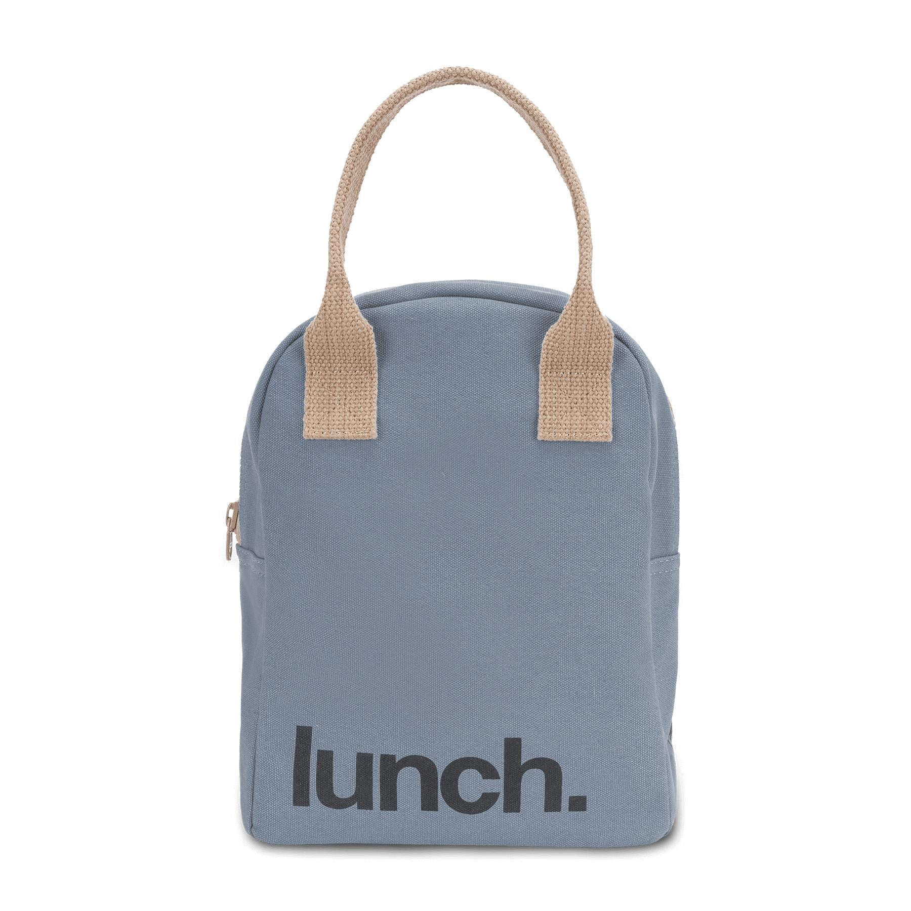 Blue zipper lunch bag with playful black 'lunch' motif by Fluf 