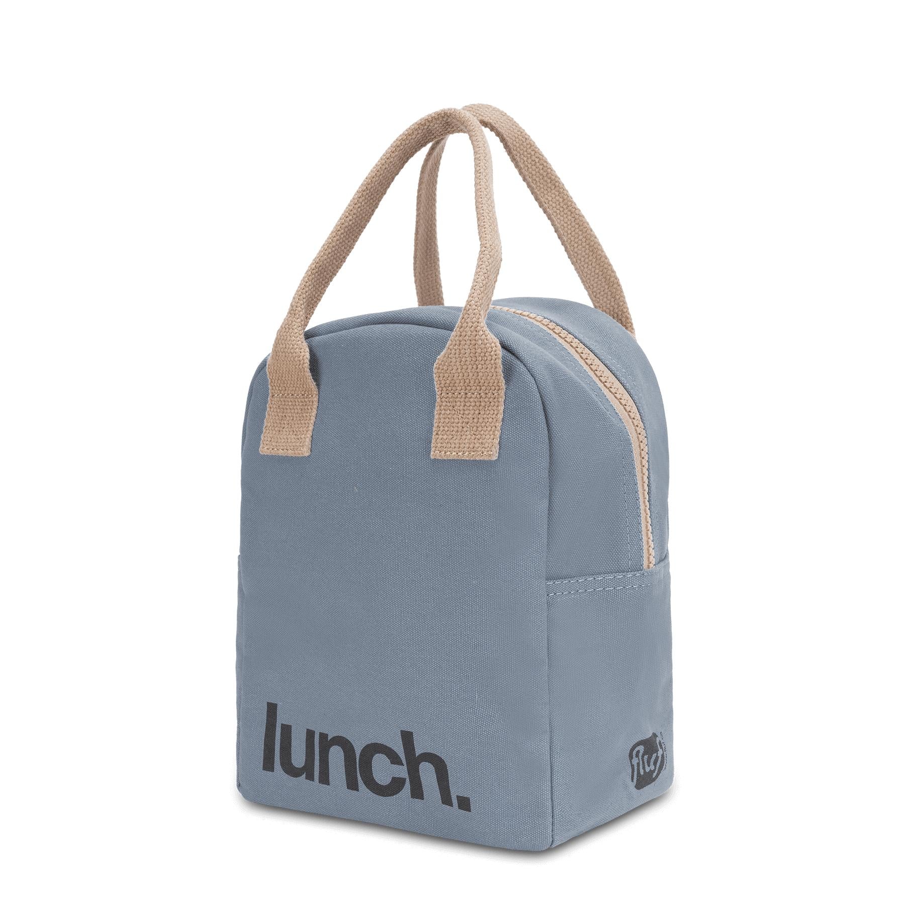 Fluf's blue zipper lunch bag features a playful black 'lunch' motif and natural color handles.