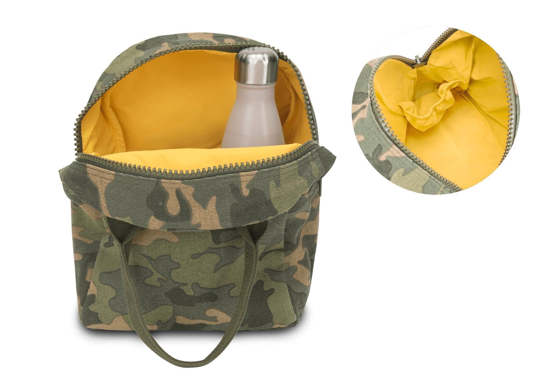 Fluf Zipper Lunch bag  - Camo with yellow recyclable lining 