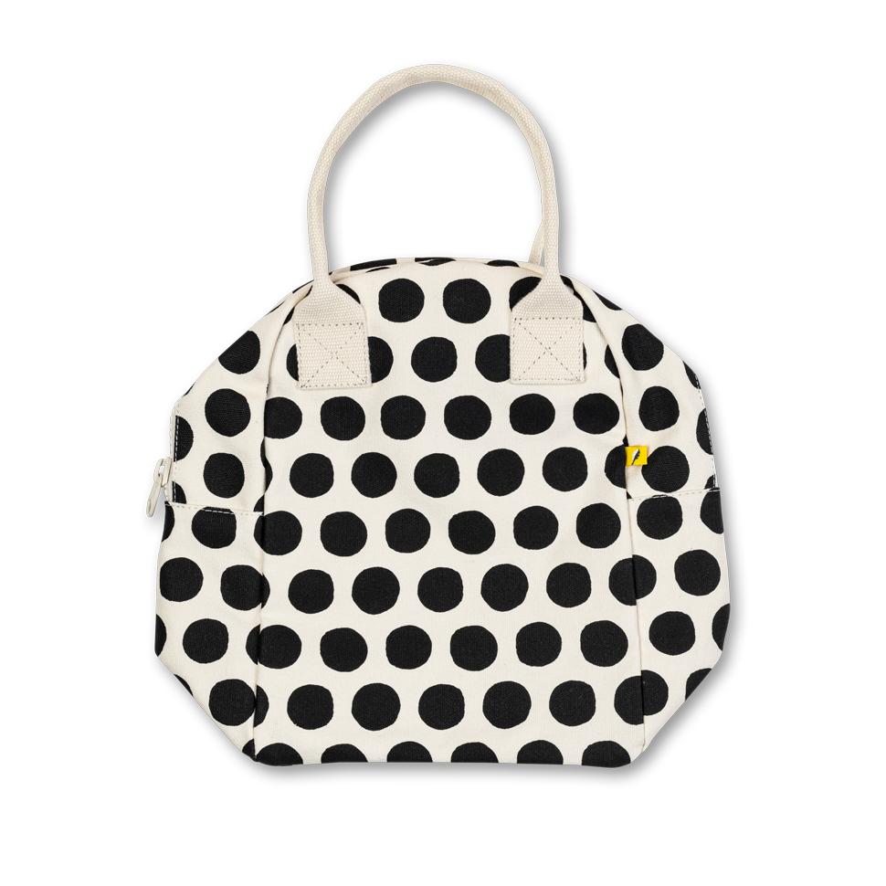 deceptively roomy lunch bag that packs flat. Organic cotton polka dot lunch bag by Fluf  