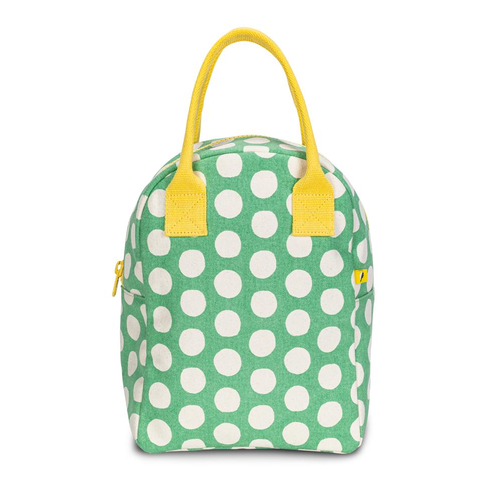 Organic Cotton Machine Washable Lunch Bag green with white polka dots 