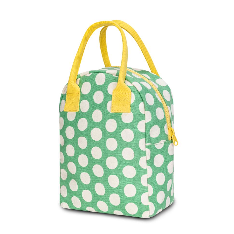 Organic Cotton Machine Washable Lunch Bag green with white polka dots and yellow handles by Fluf 