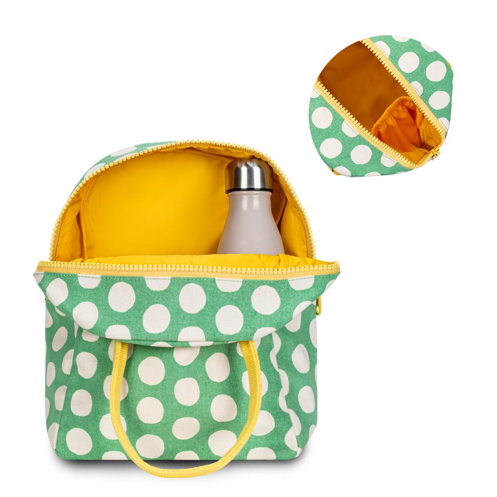 Organic Cotton Machine Washable Lunch Bag green with white polka dots, pocket for water bottle 