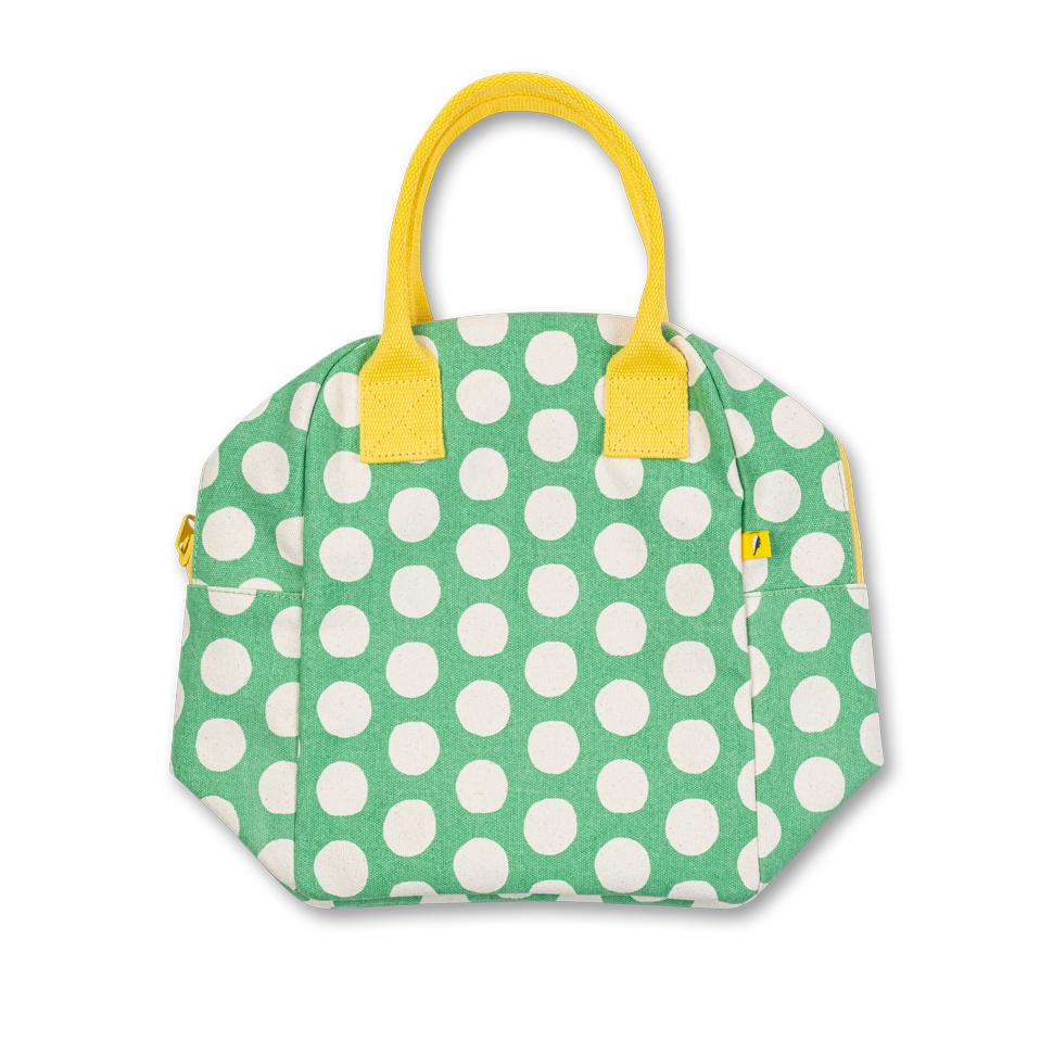 Organic Cotton Machine Washable Lunch Bag green with white polka dots by Fluf . 