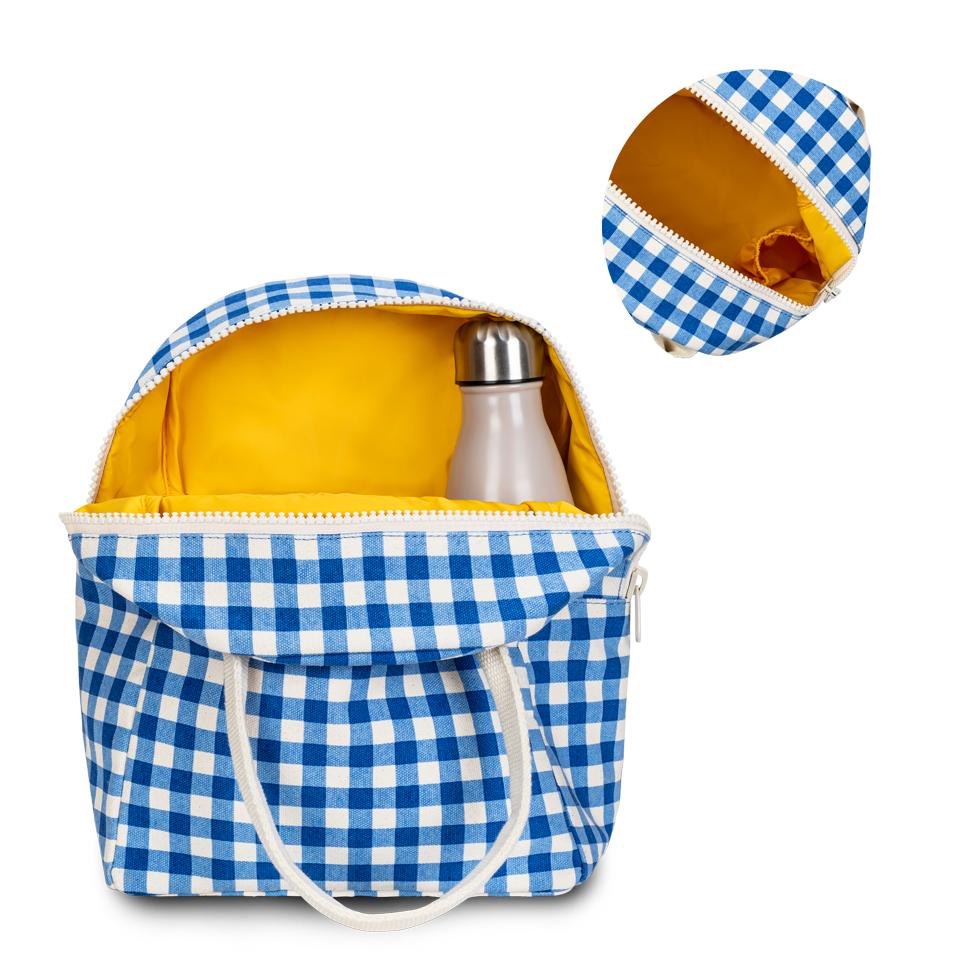 Gingham Blue lunch bag with water bottle pocket