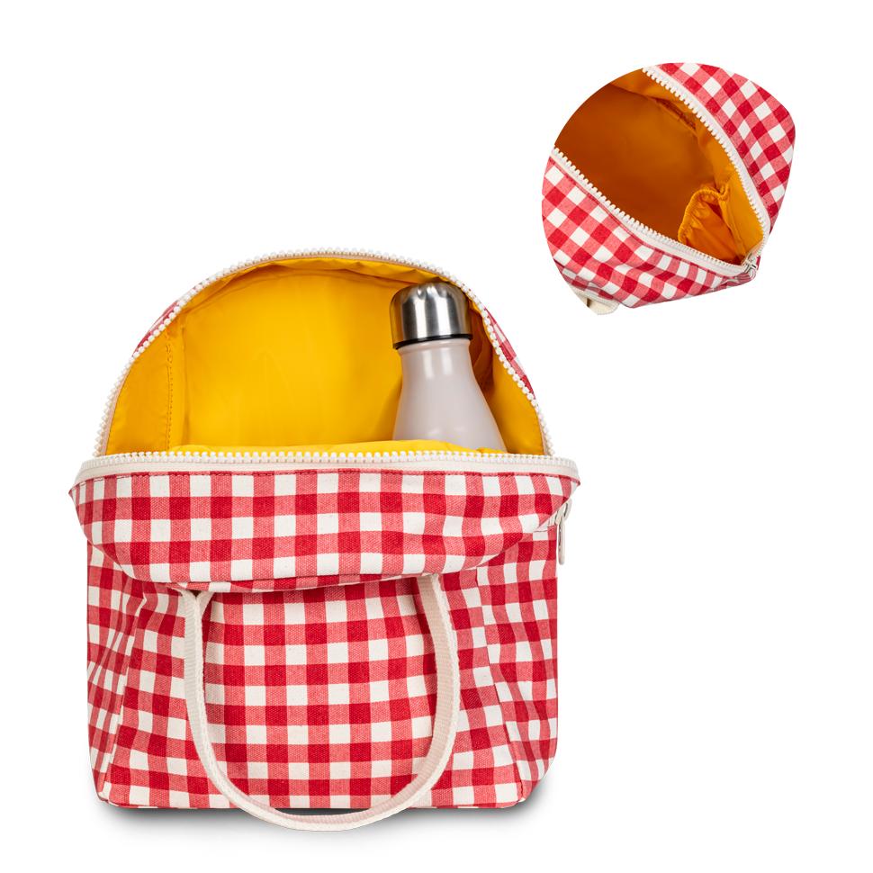 Gingham Red lunch box with pocket for water bottle 