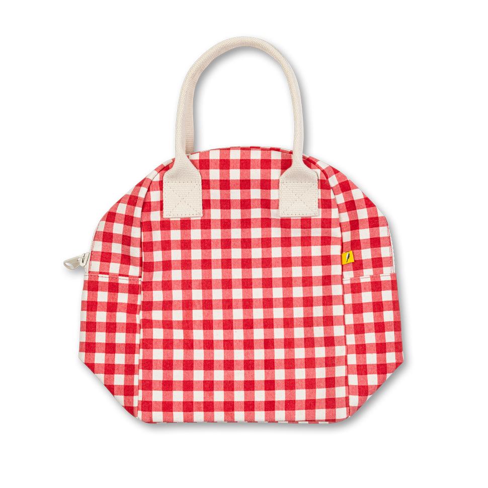 Gingham Red lunch box that packs flat.