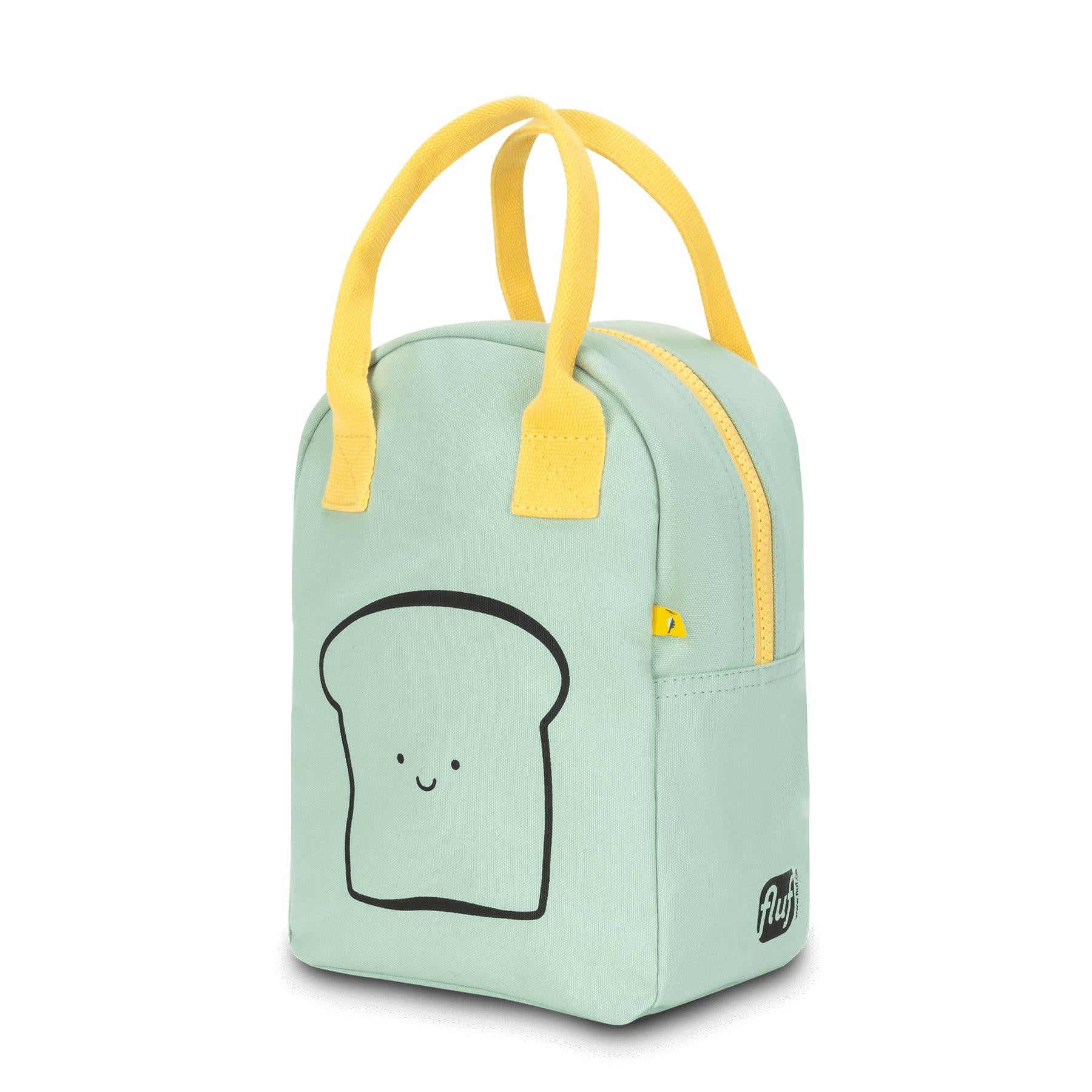 Mint color lunch bag with 'Happy bread' print  and yellow handles by Fluf 