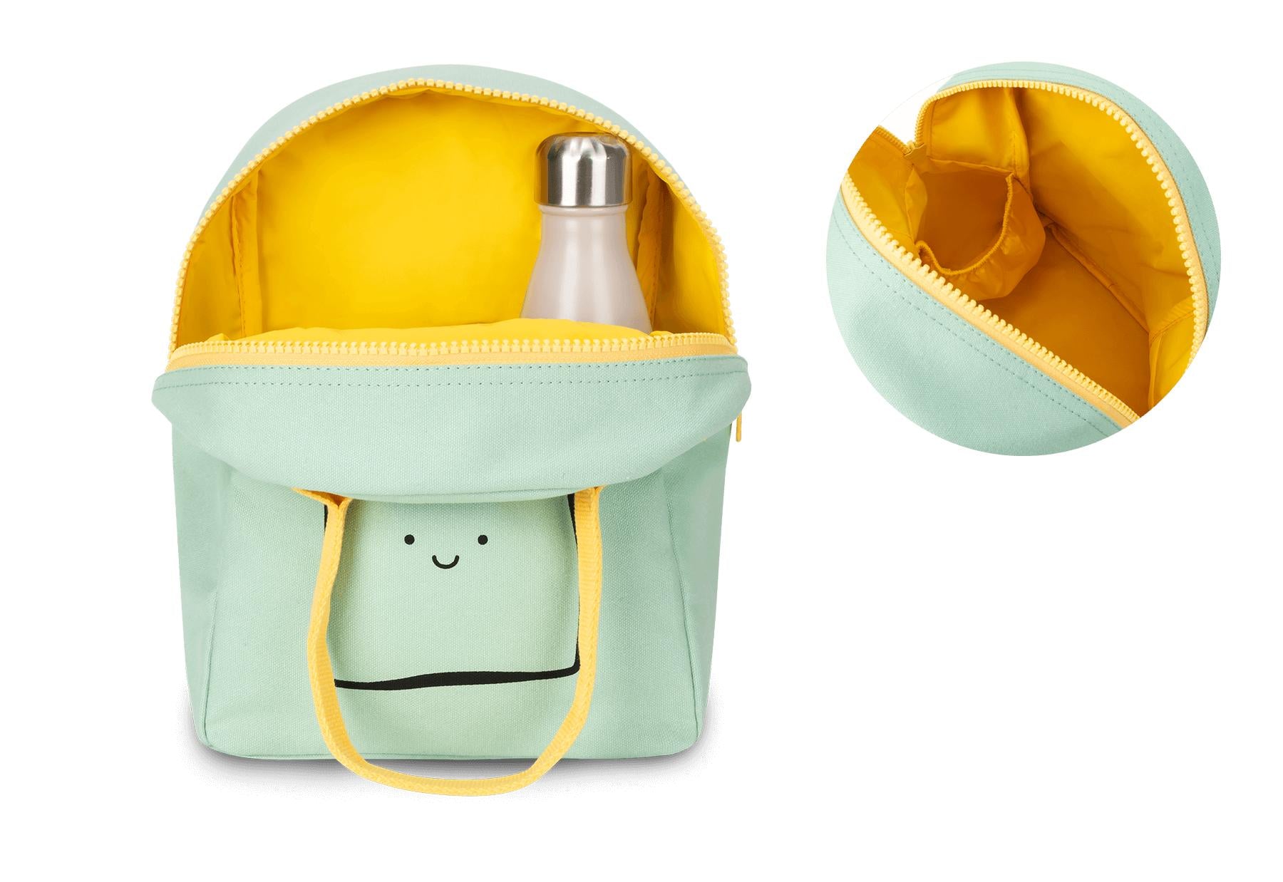 Mint-colored lunch bag with a 'Happy Bread' print and a water bottle pocket by Fluf