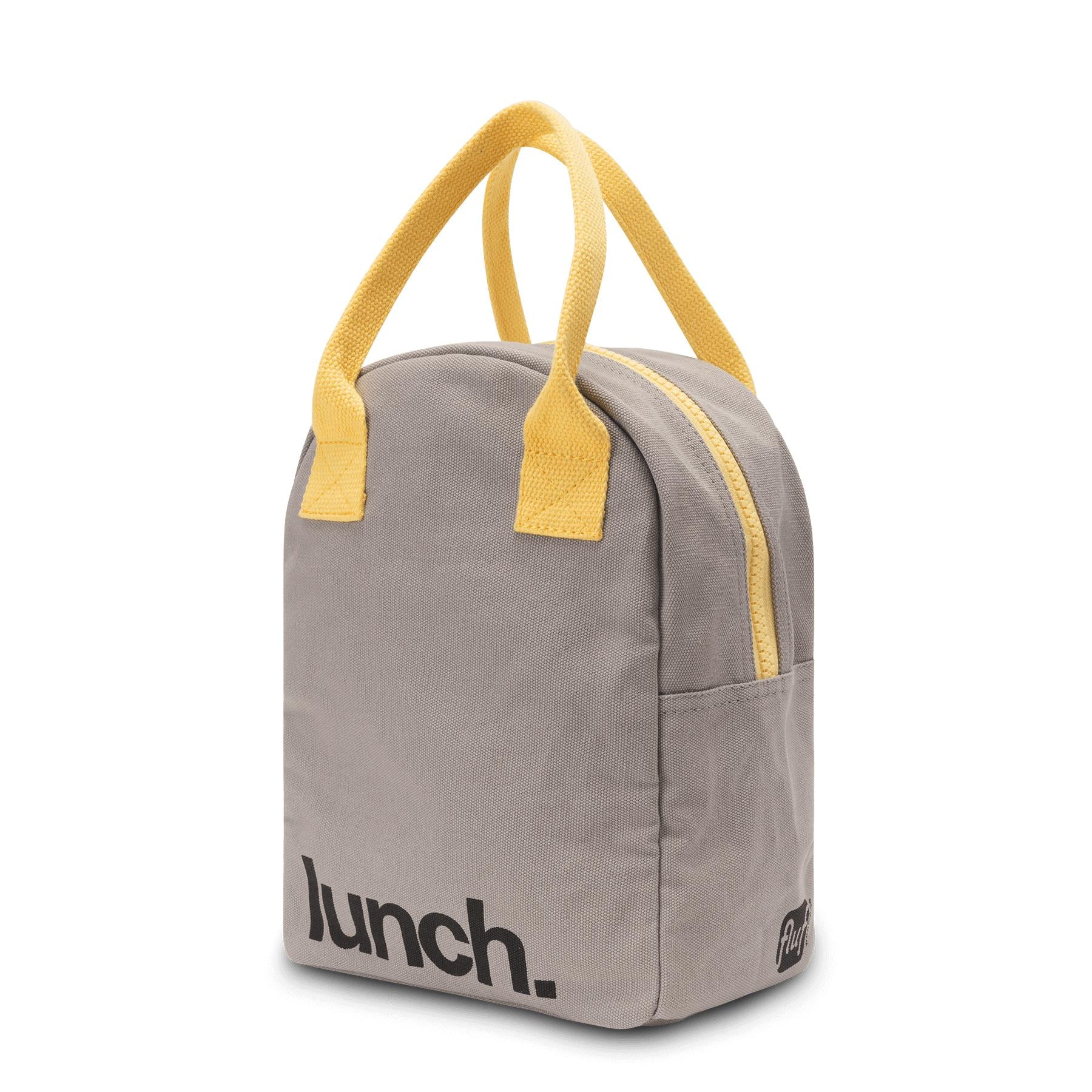 side view of Grey lunch bag with yellow handles by Fluf  