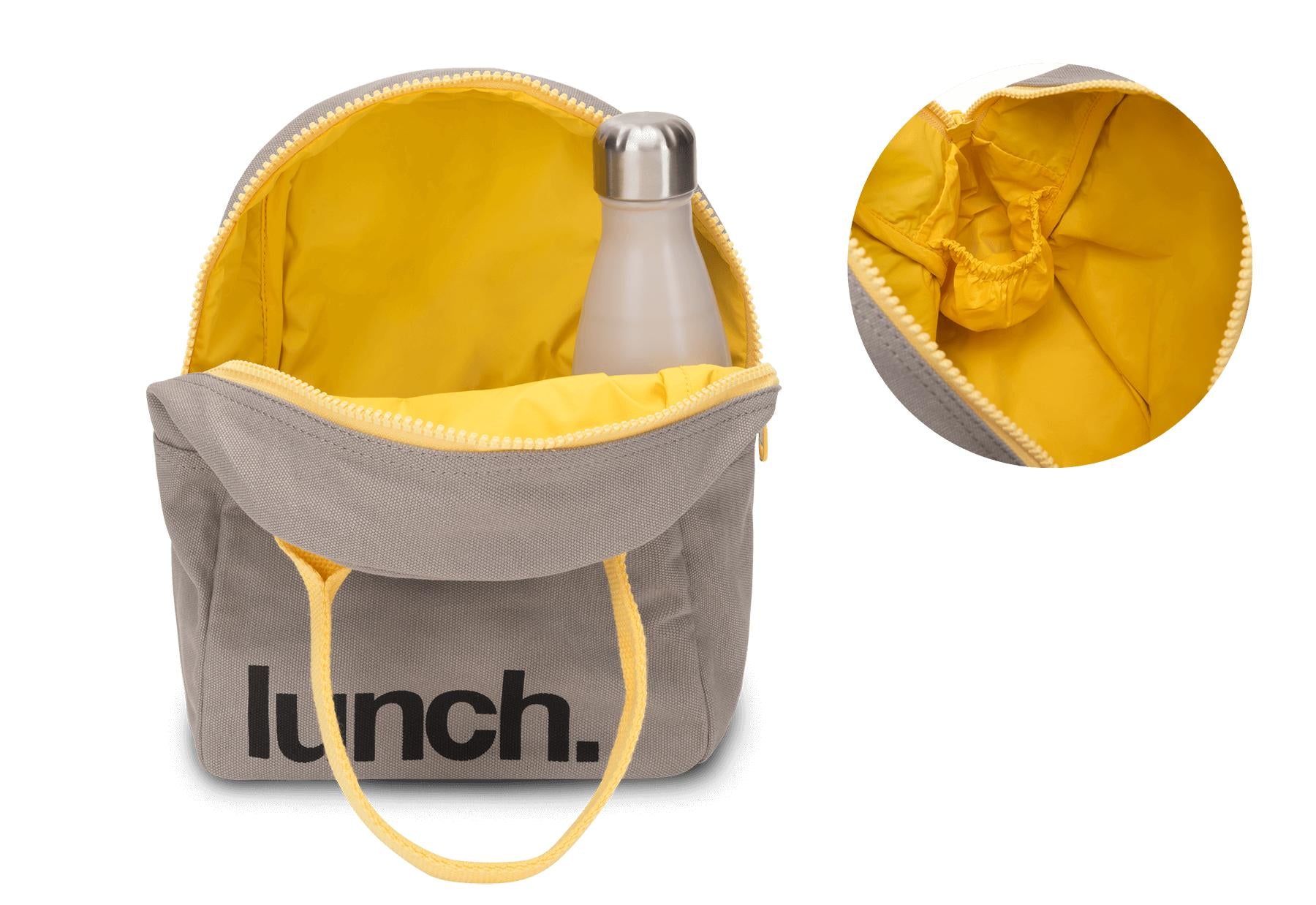 Opened Grey lunch bag with yellow handles by Fluf . recycled lining with pocket for water bottle 