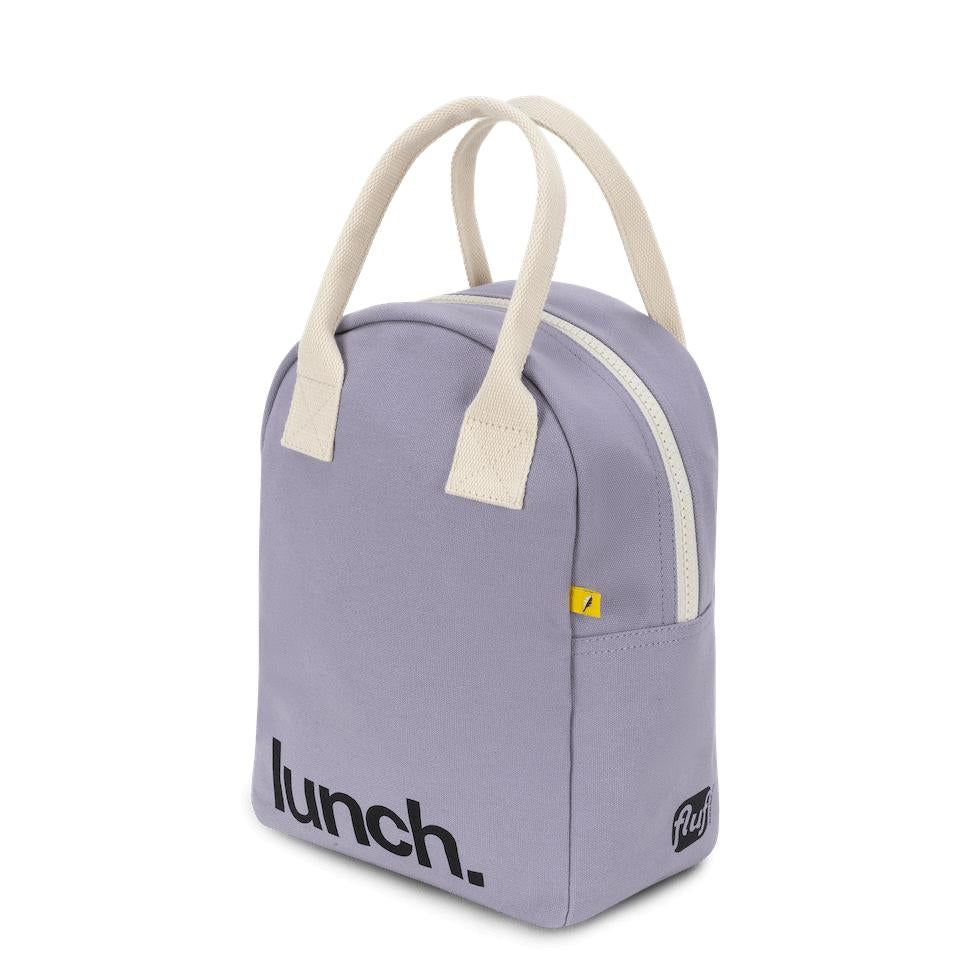 Cotton Organic lavender lunch bag with white handles 