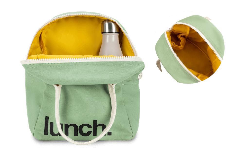 Certified organic lunch bag in moss color with black 'Lunch' motif by Fluf Canada with bottle holder