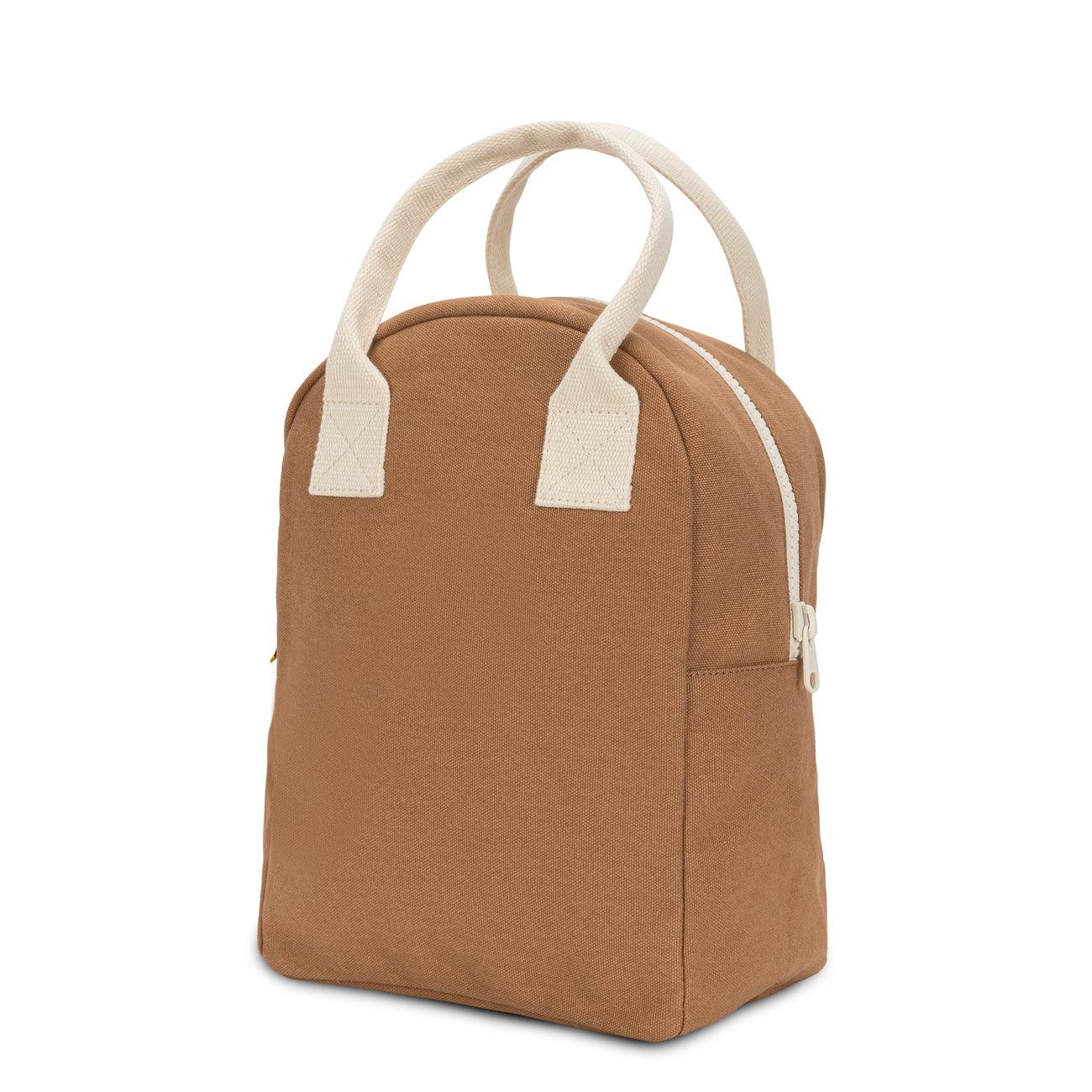 side angle of Zipper Lunch bag in Nutmeg color by fluf canada